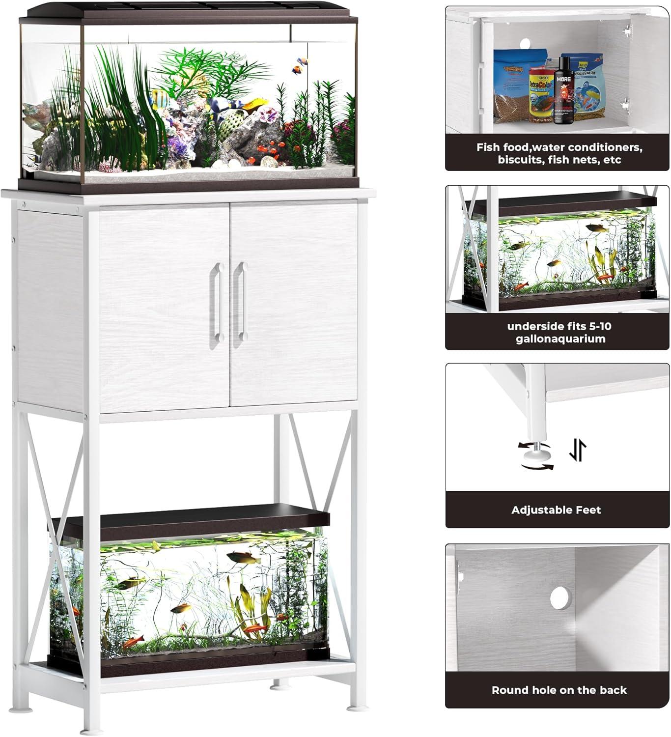 Gallon Fish Tank Stand, Metal Double Aquarium Stand With Cabinet For Fish Tank Accessories Storage,White