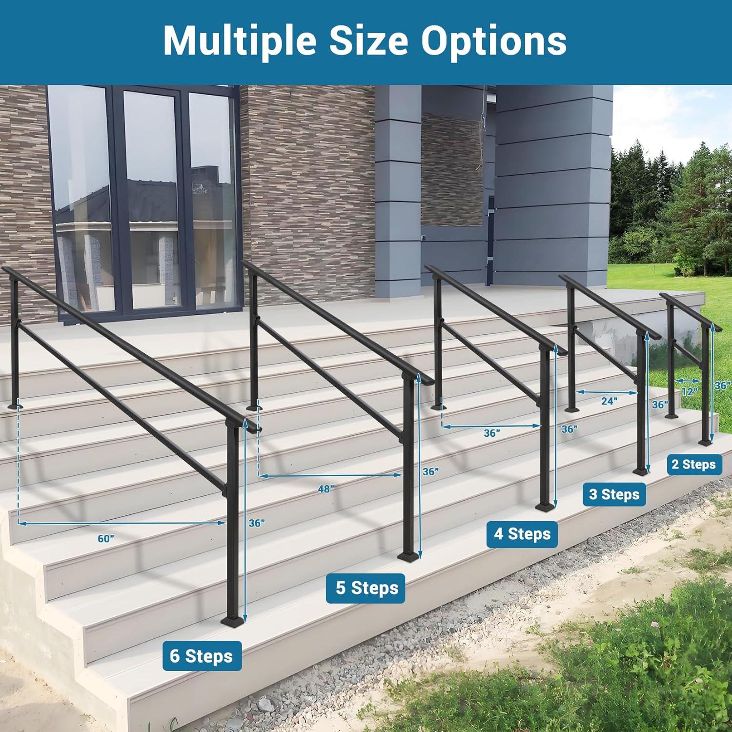 TROPOW Handrails for Outdoor Steps, Adjustable 3 Steps Handrails Outdoor, Porch Handrails for Stairs Fit 2-3 Steps, Metal Porch Railing, Deck Handrail, Black Hand Rails kit, Upgrade Aluminium