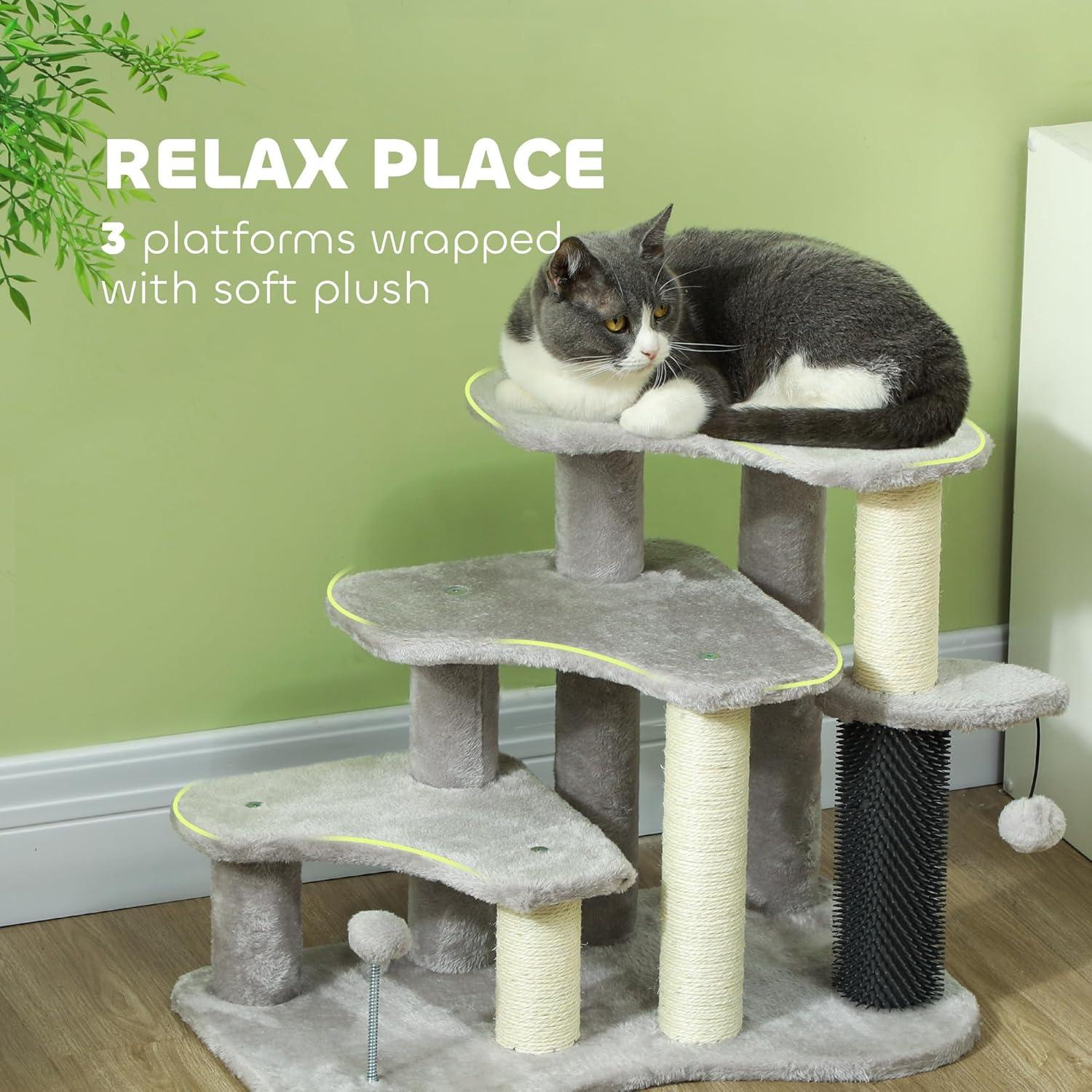 PawHut 20" Cat Tree, 2 in 1 Cat Tower 3-Step Pet Stairs with Scratching Posts, Tickling Post, Toy Balls, for High Beds, Couch, Sofa, Light Gray