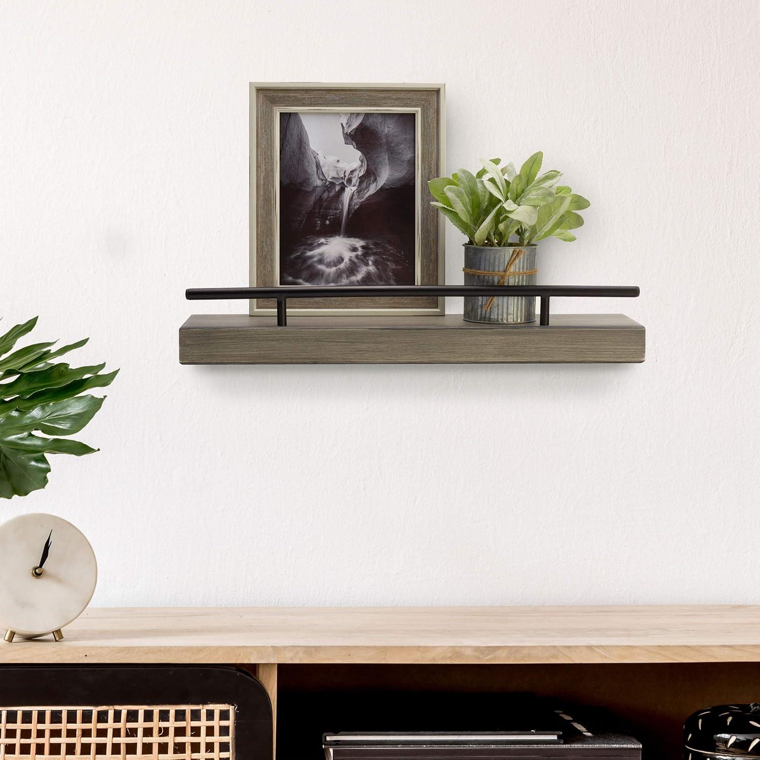 Distressed Gray MDF Floating Wall Shelf with Metal Railing