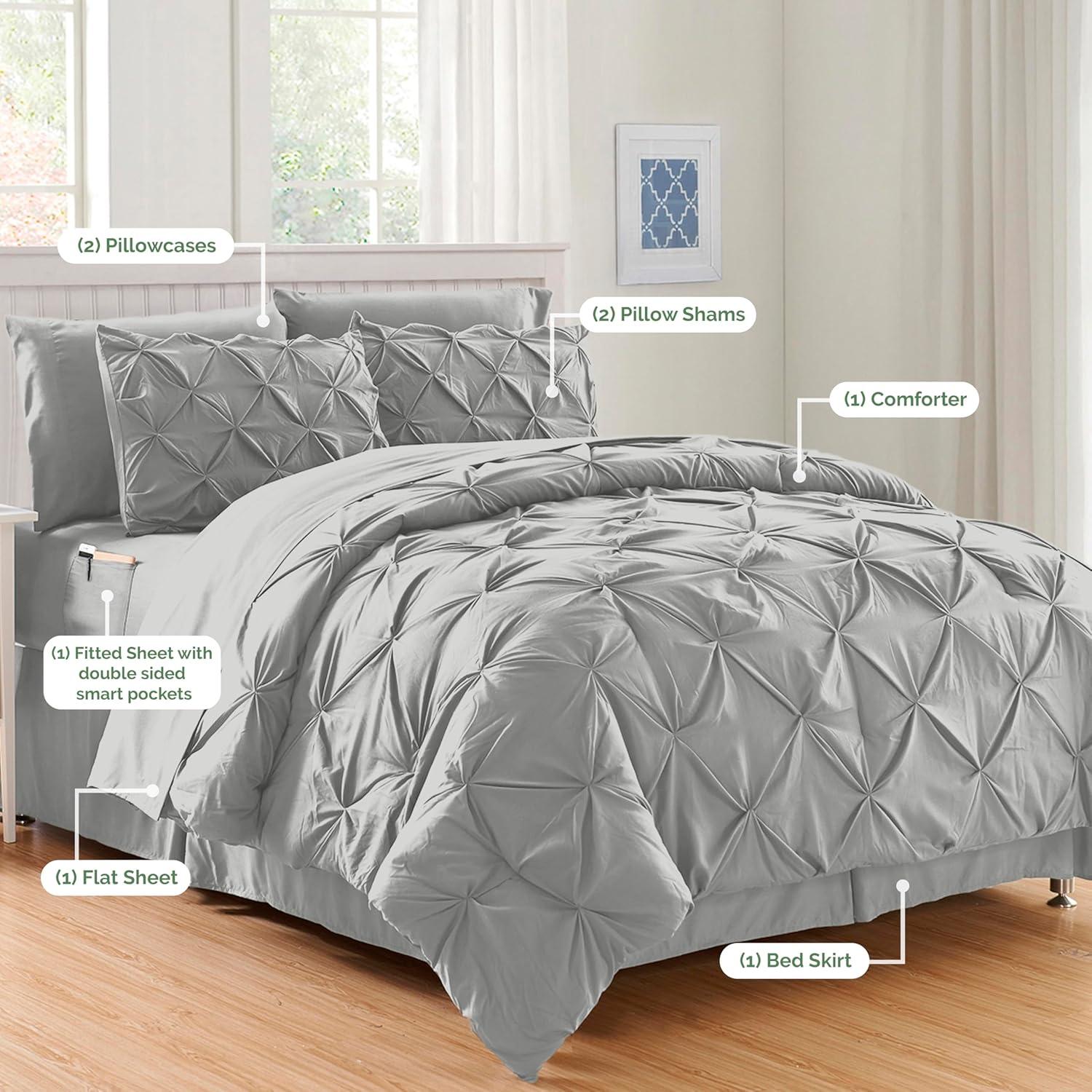 Elegant Comfort 8-Piece Pinch Pleated Comforter Set - All Season Bed in a Bag, Includes Smart Sheet Set, Bed Skirt, Comforter, Pillowcases & Shams, Twin/Twin XL, Light Gray