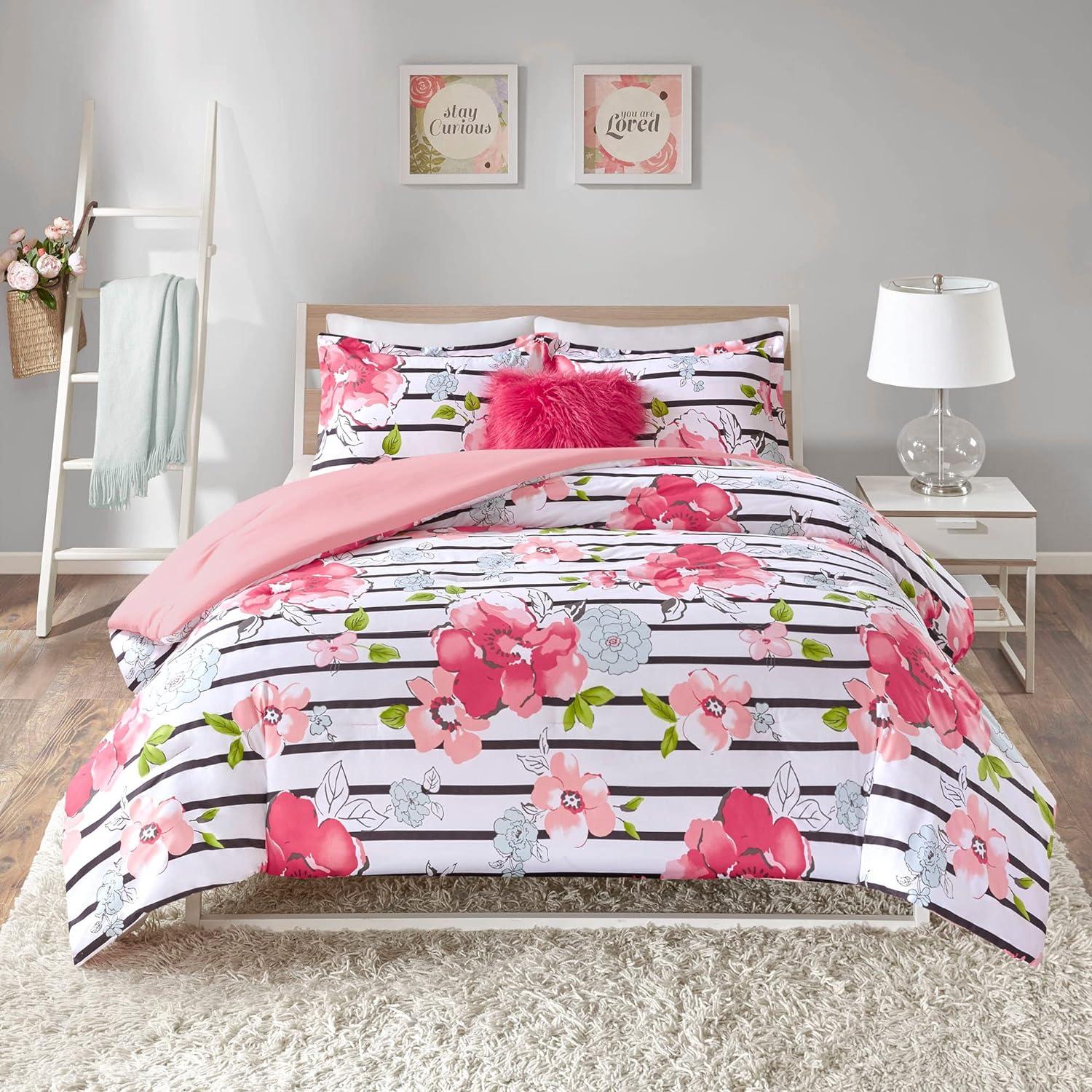 Comfort Spaces Full/Queen Comforter Sets, 4-Piece Floral Kids Bed Sets for All Season, Pink and Black Bedding Comforter Sets for Girls