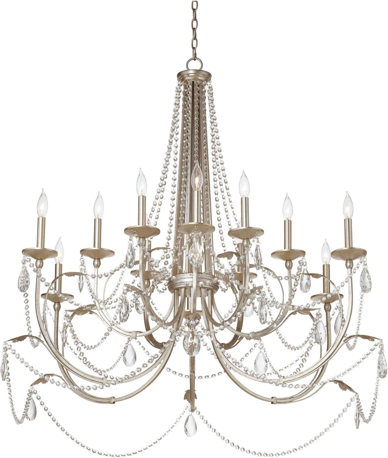 Regency Hill Strand Silver Leaf Chandelier 46" Wide French Beaded Crystal 12-Light Fixture for Dining Room House Foyer Kitchen Island Entryway Bedroom