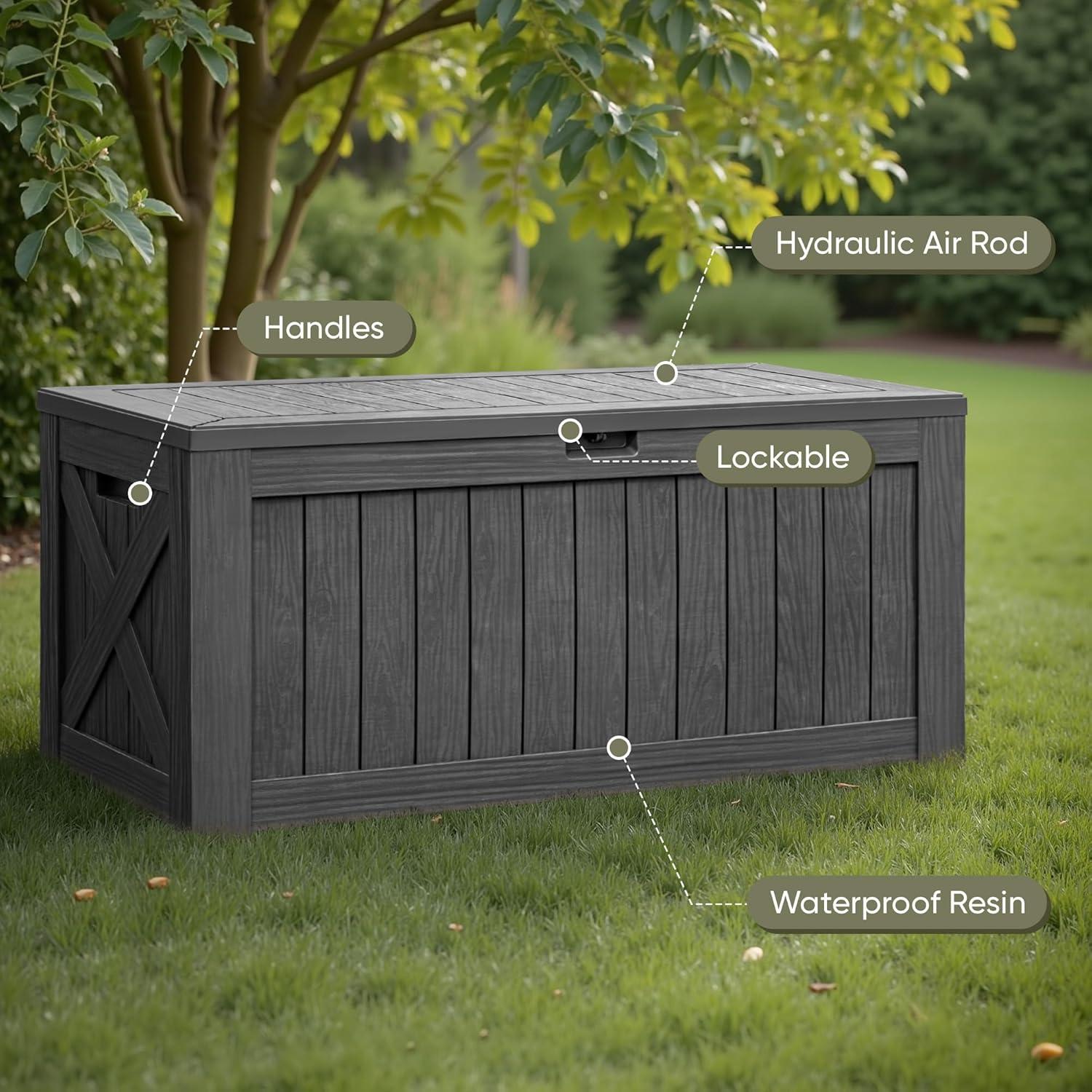 Flamaker Deck Box with Cushion 100 Gallon Waterproof Resin Storage Box with Air Rod Indoor Outdoor Lockable Storage Bench for Patio Furniture, Tools, Pool Accessories (Black)