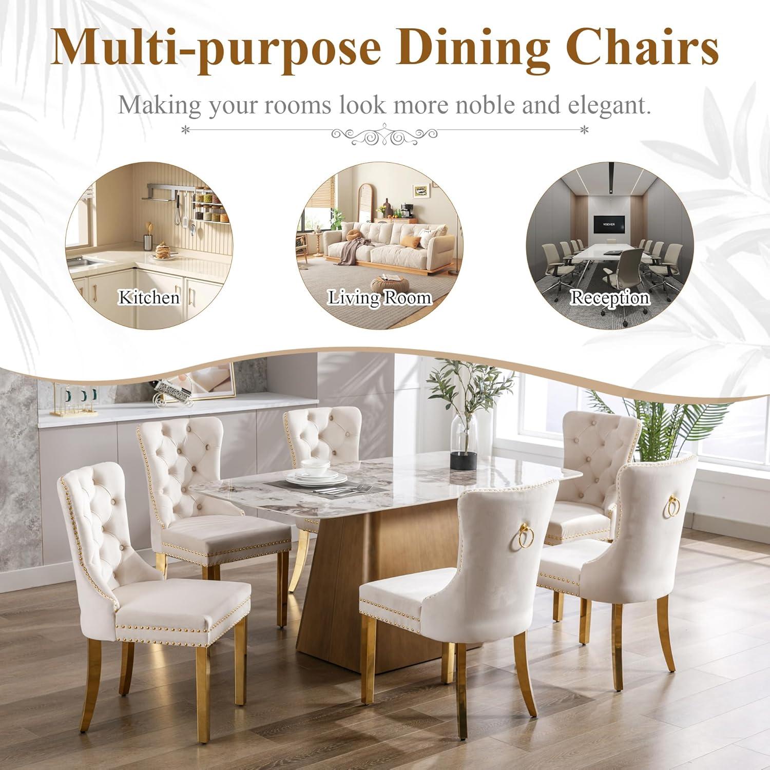 BELLEZE Upholstered Dining Chairs Set of 2, Velvet Luxury Dining Room Chairs with Button Back, Nailhead Trim, Pull-ring, Solid Wood Legs for Kitchen, Living Room, Restaurant - Chandler (Beige)