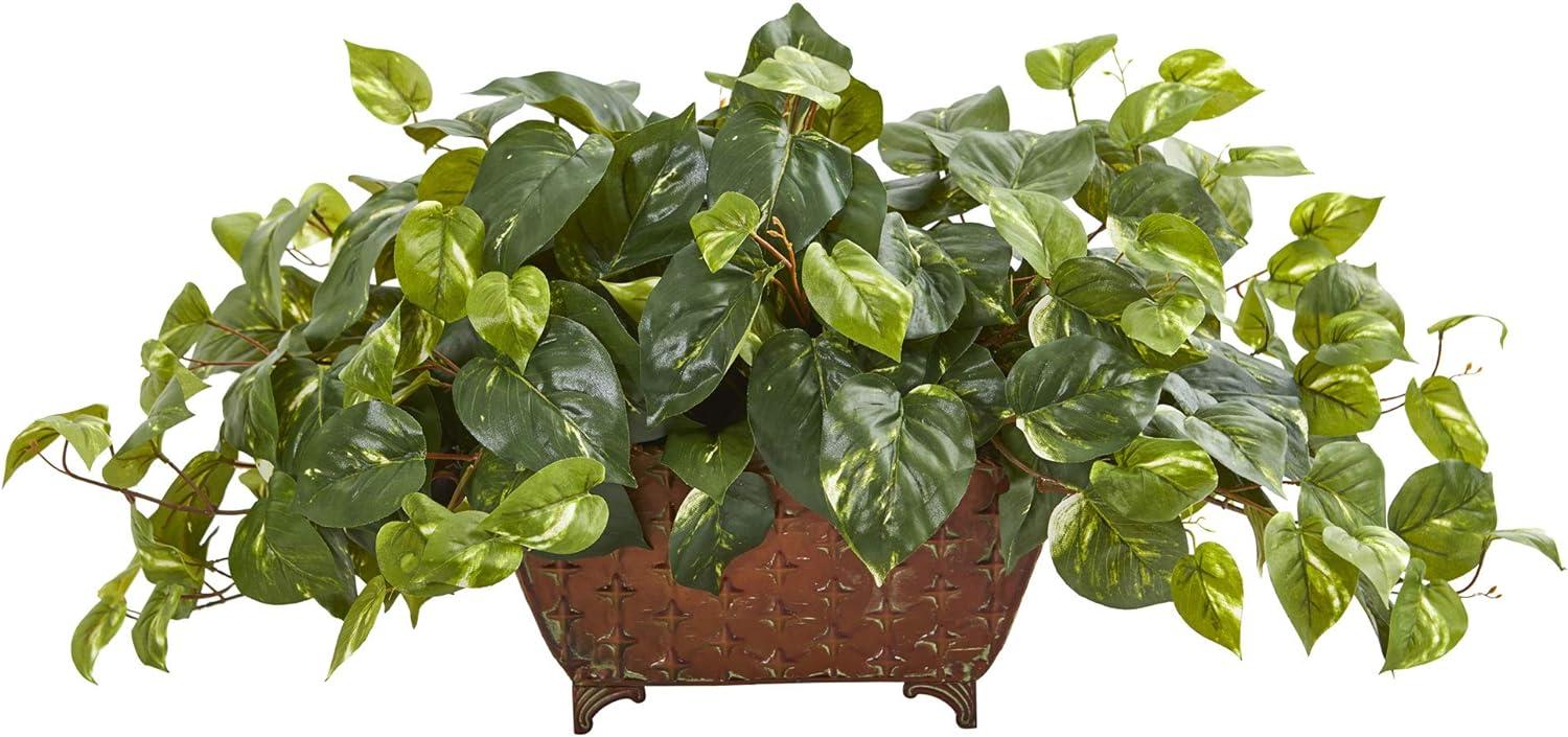 Lush Green Silk Pothos 18" Artificial Arrangement in Rustic Metal Planter