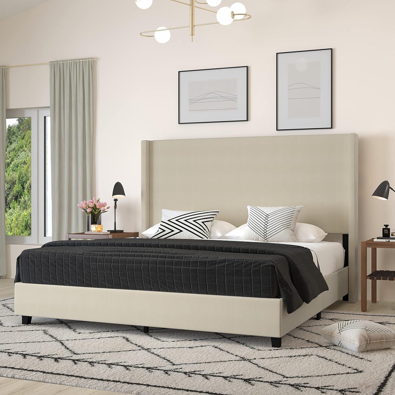 Merrick Lane Modern Platform Bed - Gray Faux Linen - Queen - Padded Wingback Headboard - 8.5" Floor Clearance - Wood Support Slats - No Box Spring Needed