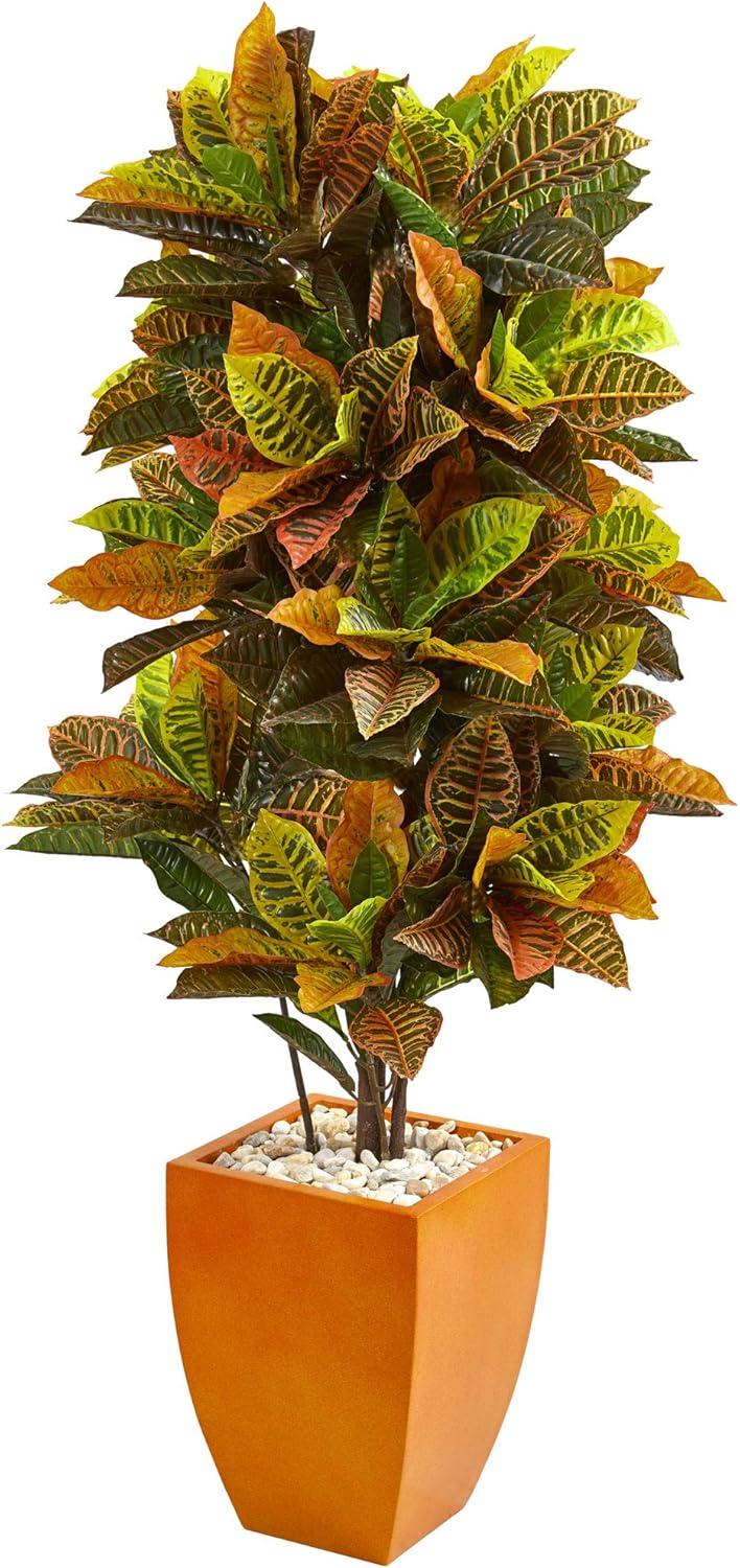 Nearly Natural 5.5-ft Croton Artificial Plant in Orange Planter (Real Touch)