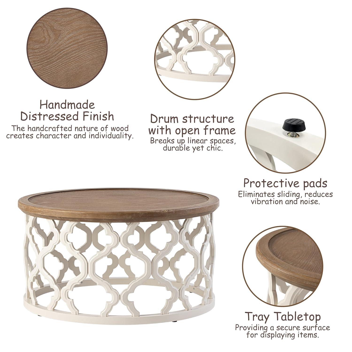 COZAYH Rustic Coffee Table, Distressed Wood Top Table with Curved Motif Frame Base for Boho, Farmhouse Decor, Round