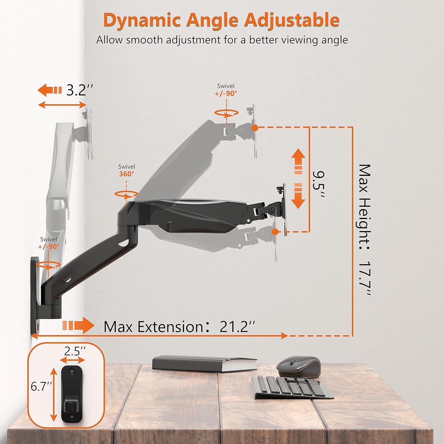 Black Adjustable Gas Spring Wall Mount for 13-32 Inch Monitors