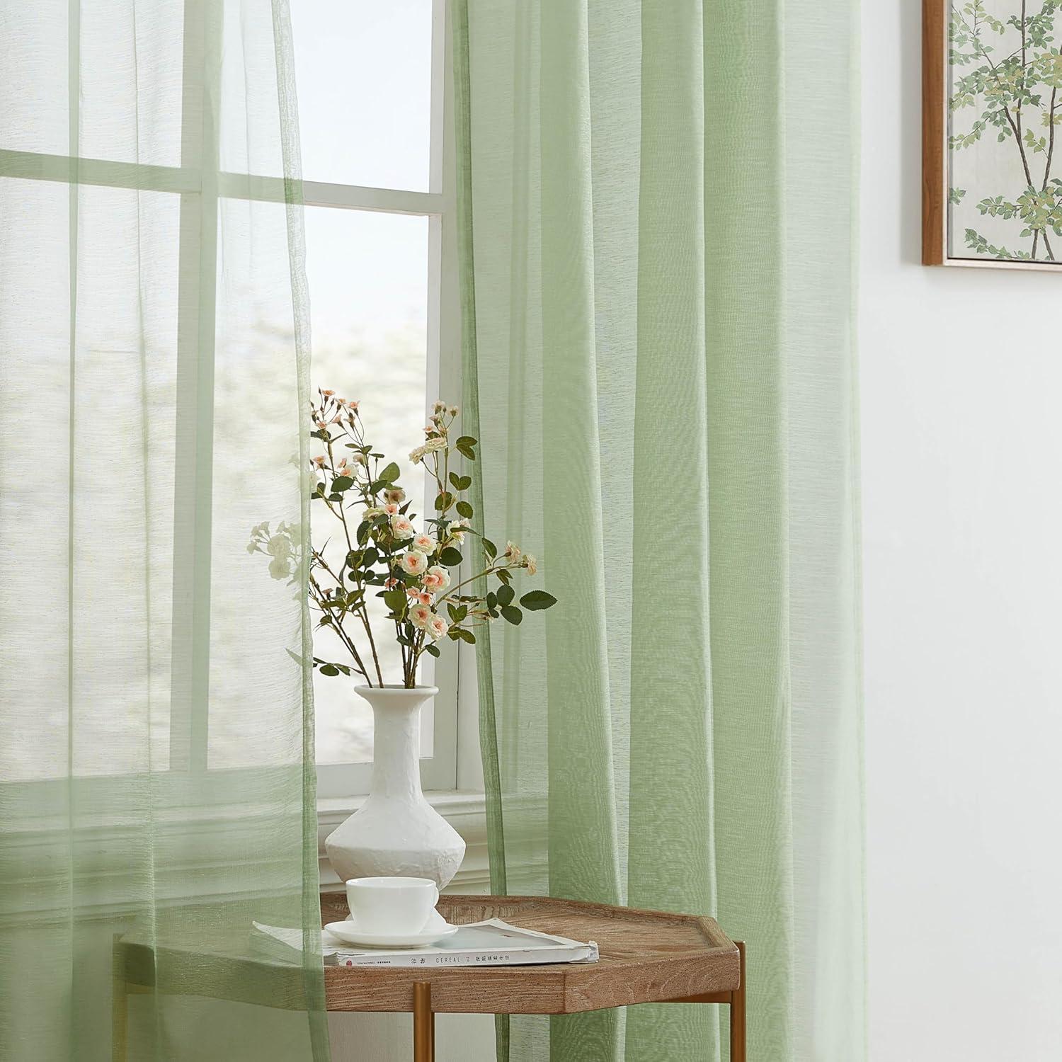 HLC.ME Semi Sheer Voile Light Filtering Transparent Window Curtain Grommet Panels - Set of 2 - Sage, 54 W x 95 L
