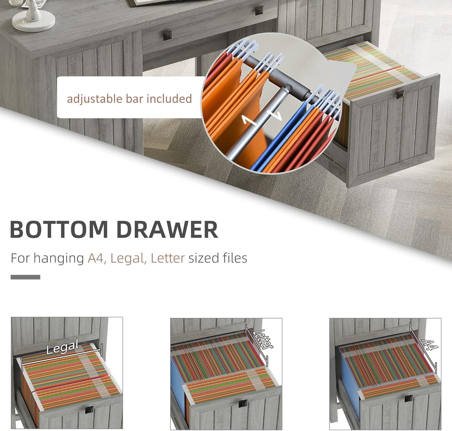 HOMCOM Vintage Executive Computer Desk, Home Office Work station, Student Table with Cabinet & 3 Drawers for Hanging Files, gray