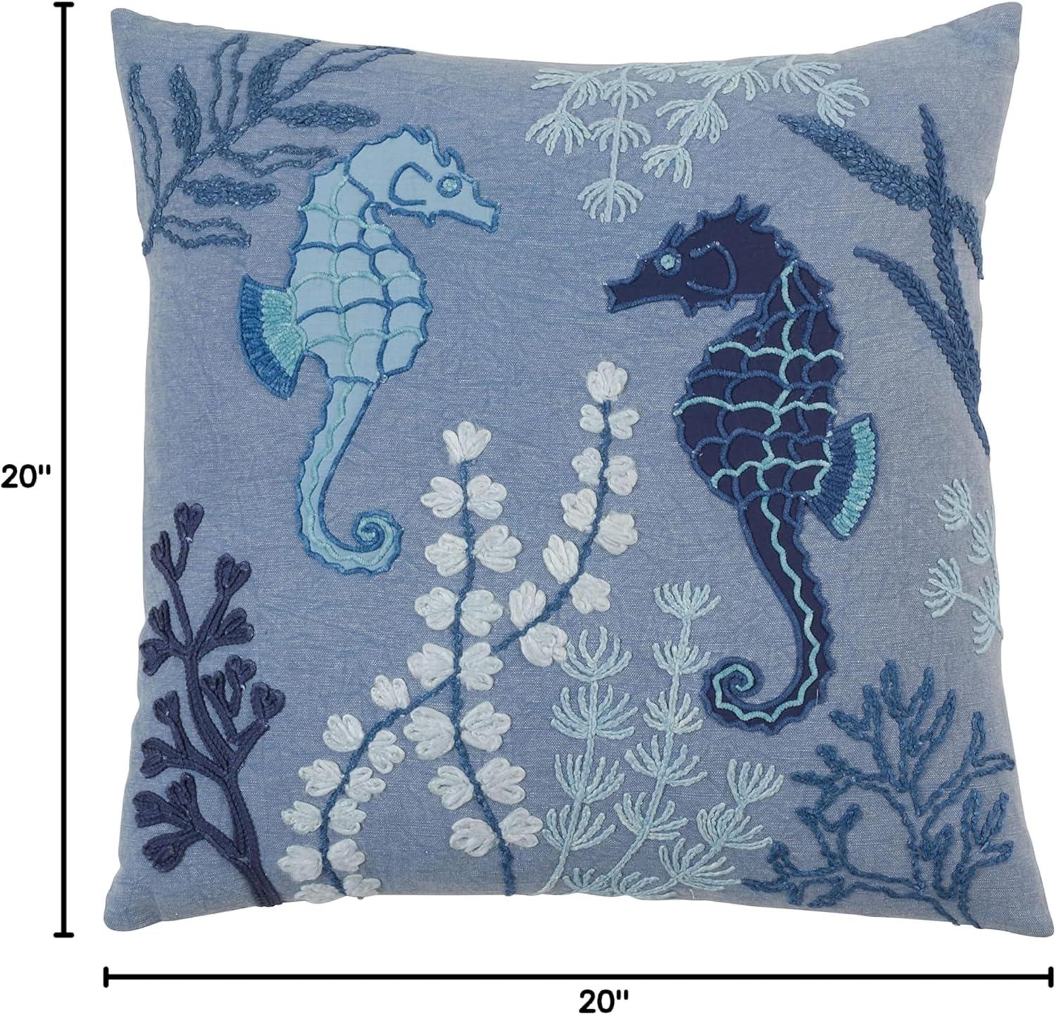 Blue Embroidered Seahorse Coastal Medium Throw Pillow