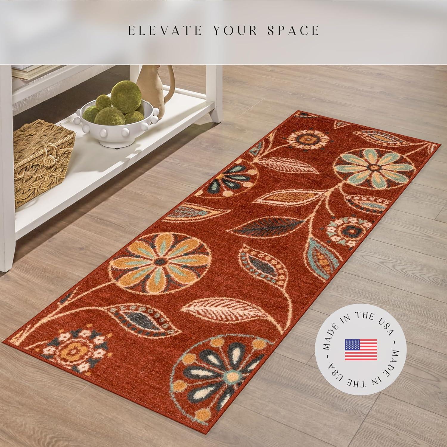 Maples Rugs - Reggie Bohemian Floral Washable Indoor Runner Rugs, 1'8 x 5', Red