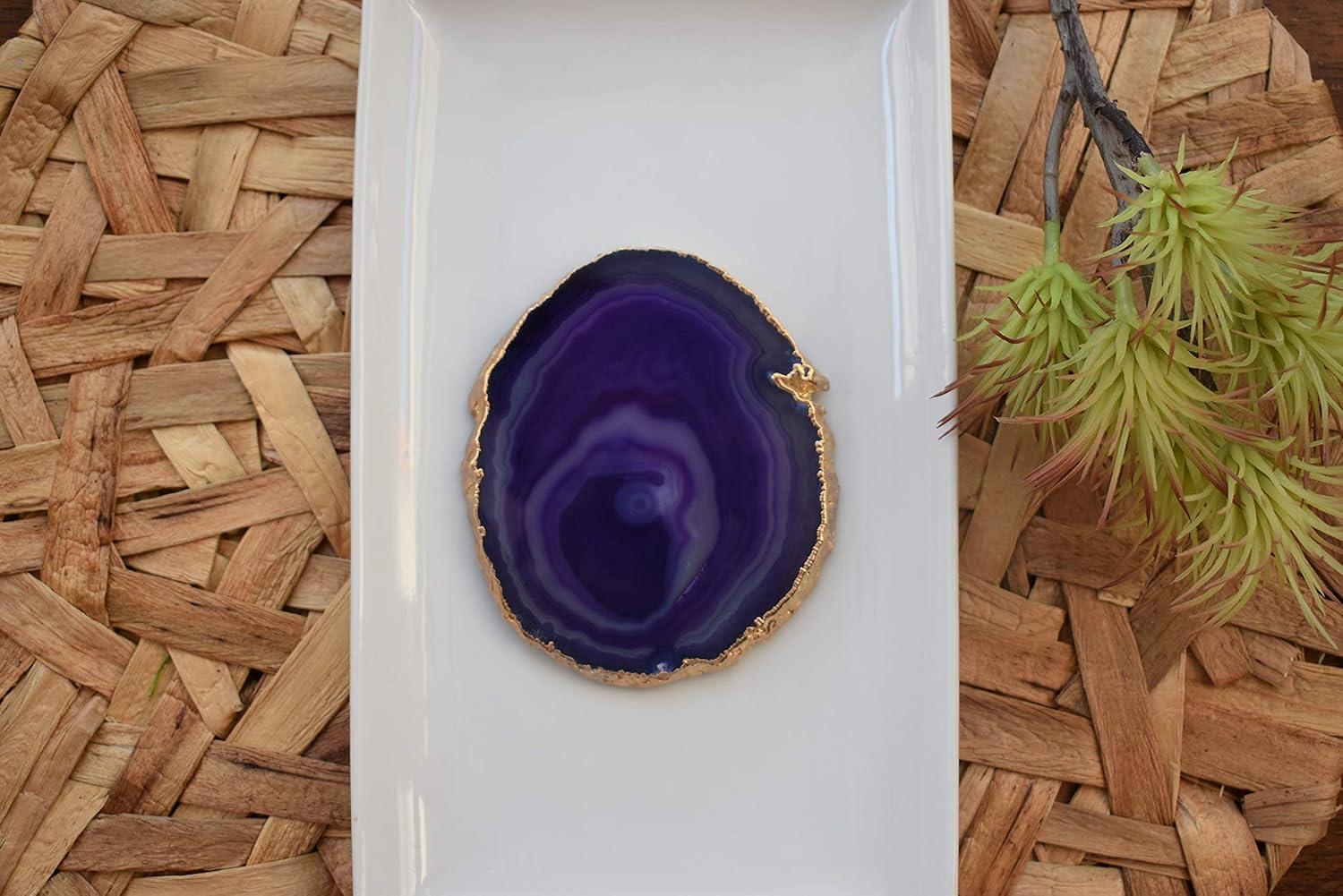 Purple and Gold Rimmed Round Agate Stone Coasters Set