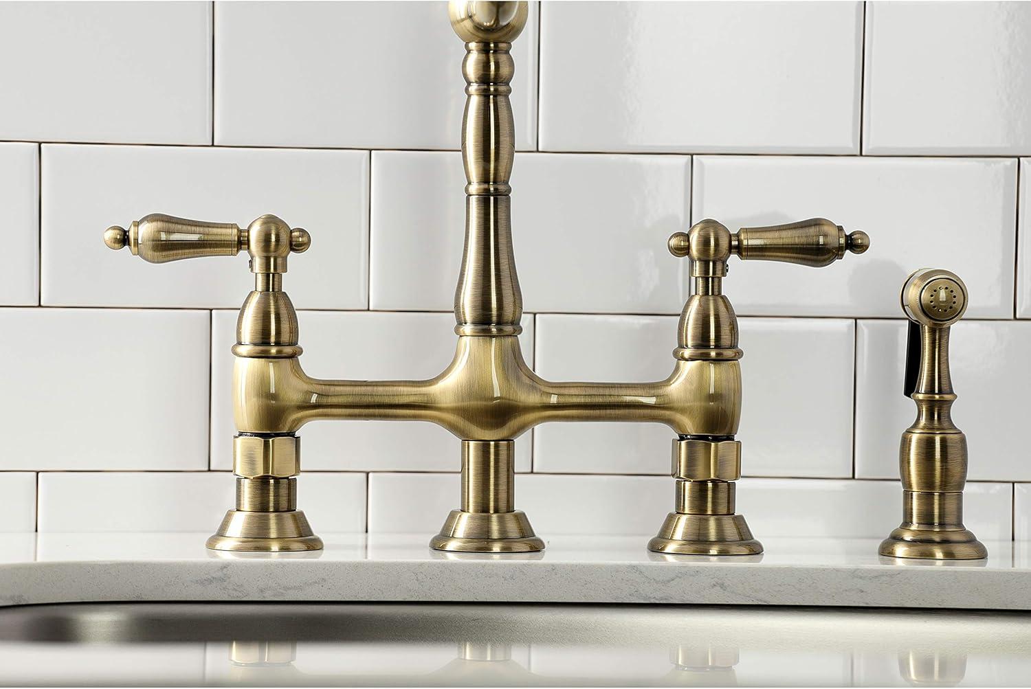 Kingston Brass KS1273ALBS Heritage 8-Inch Kitchen Bridge Faucet with Brass Sprayer, Antique Brass