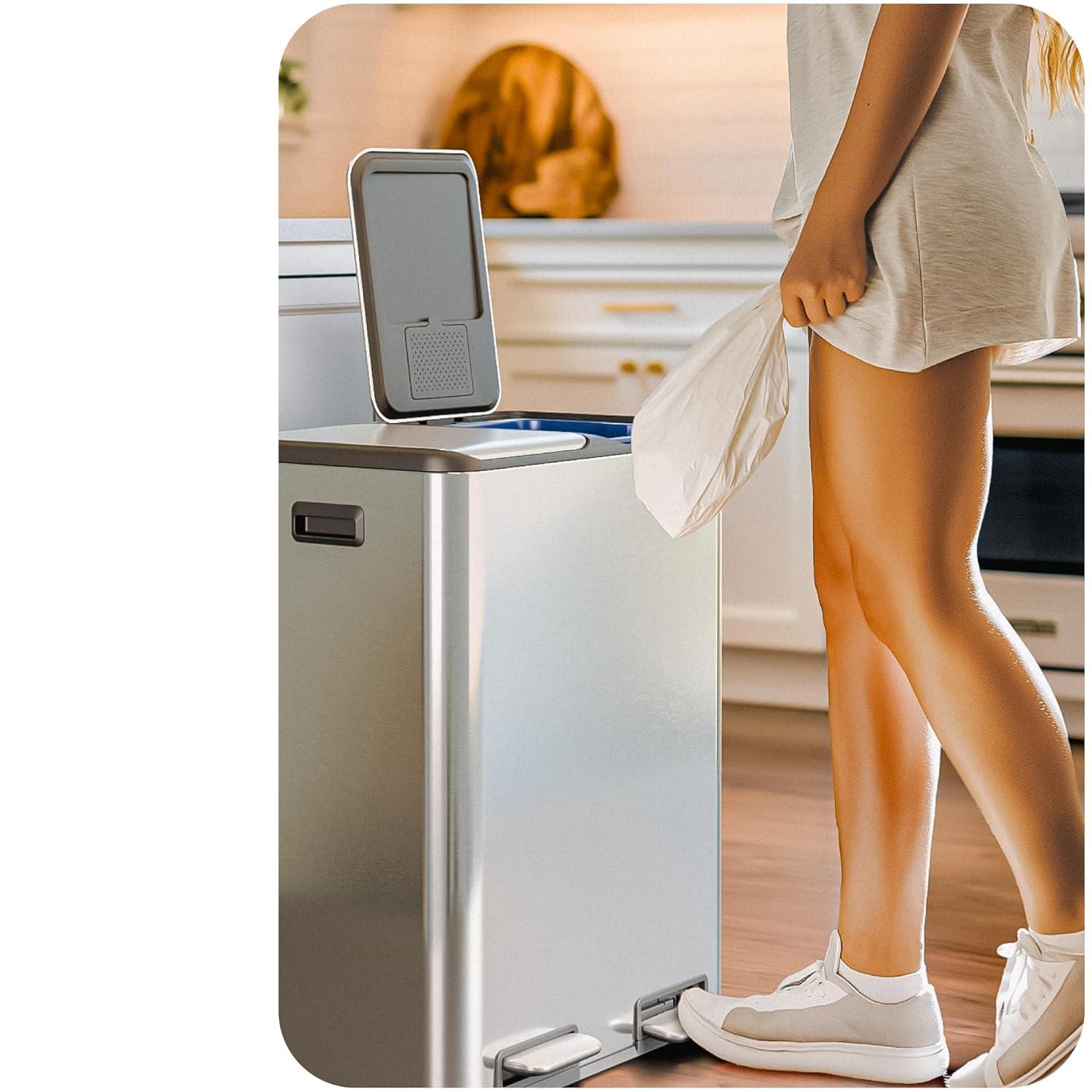 Home Zone Living Home Zone Living 16 Gallon Stainless Steel Kitchen Trash Can and Recycling Dual Compartments with Step Pedals and Soft-Close Lids