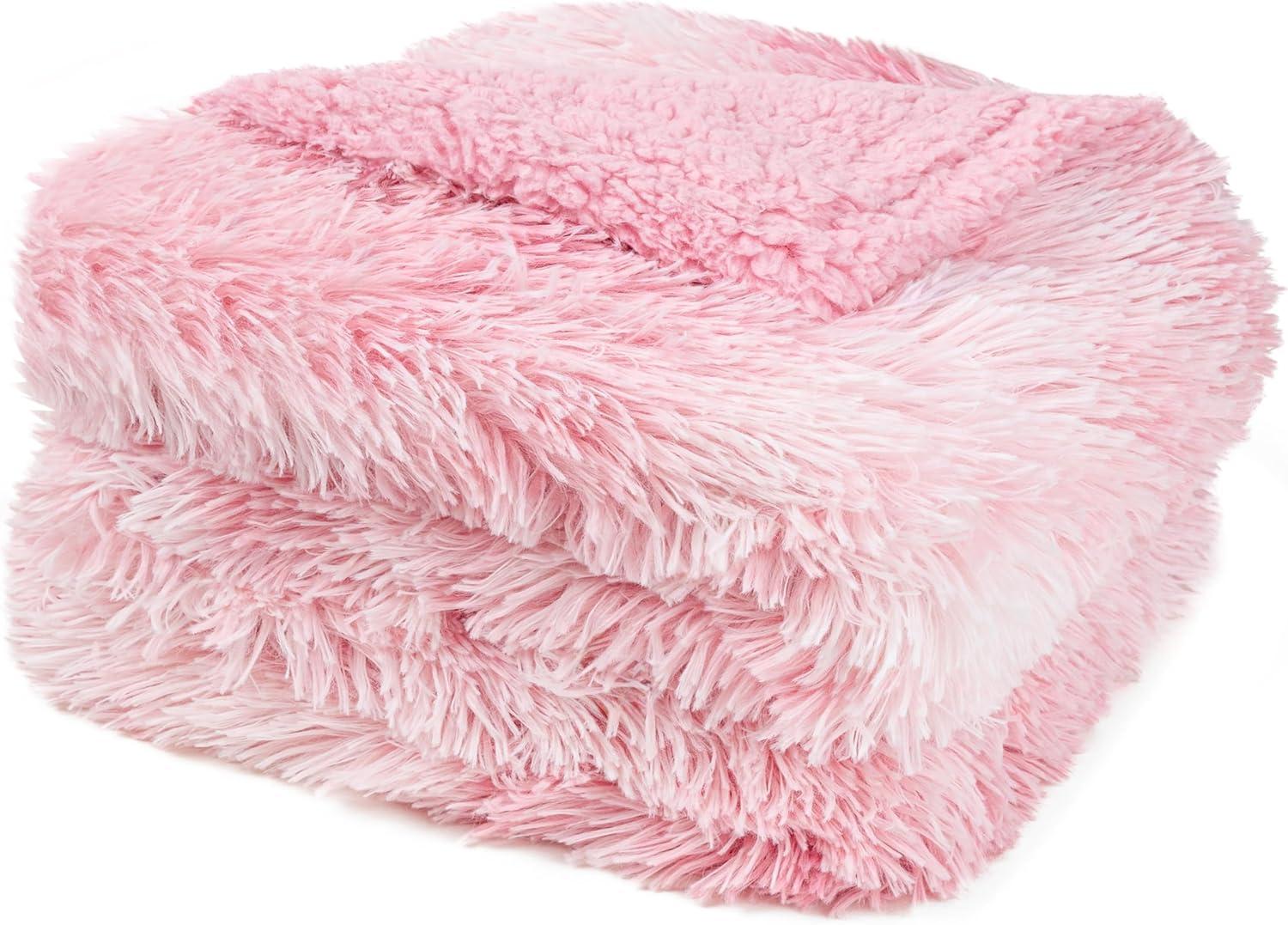 PAVILIA Fluffy Faux Fur Reversible Throw Blanket for Bed, Sofa, and Couch