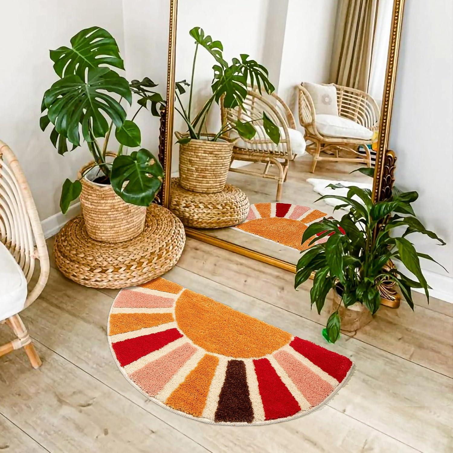 Boho Bathroom Rugs Half Circle Bath Mat Cute Bohemian Bath Rug for Bedroom Small Carpet Home Decor Non-Slip Semi Round Shower Rug Funny Washable Indoor Floor Door Mat Sun Retro 16x30inch