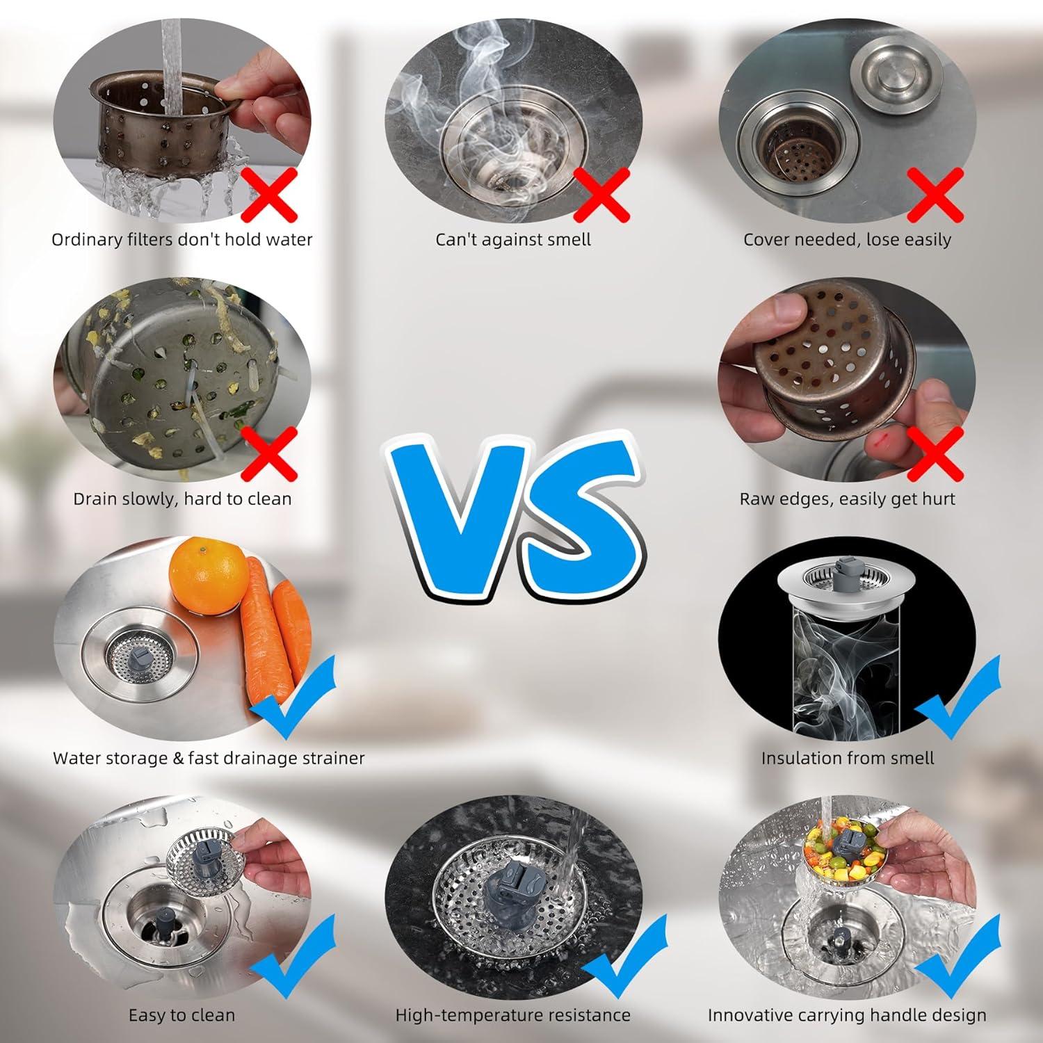 Hibbent 3-in-1 Kitchen Sink Drain Strainer  Stopper , Stainless Steel Pop-Up Design, Anti-Clogging Metal Basket with Handle, Compatible with US Standard 3-1/2" Drain