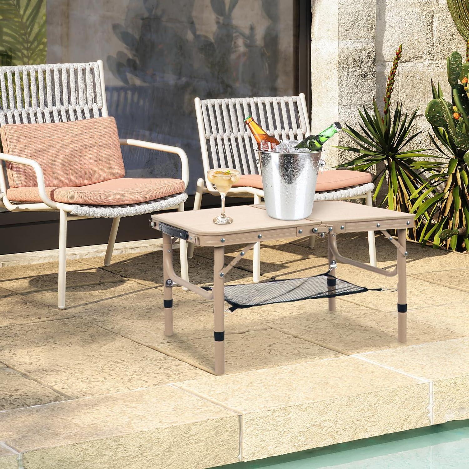 Small Folding Table 2FT Camping Table 3 Adjustable Height Lightweight Portable Aluminum Mini Foldable for Picnic Beach Indoor Outdoor, Yellow