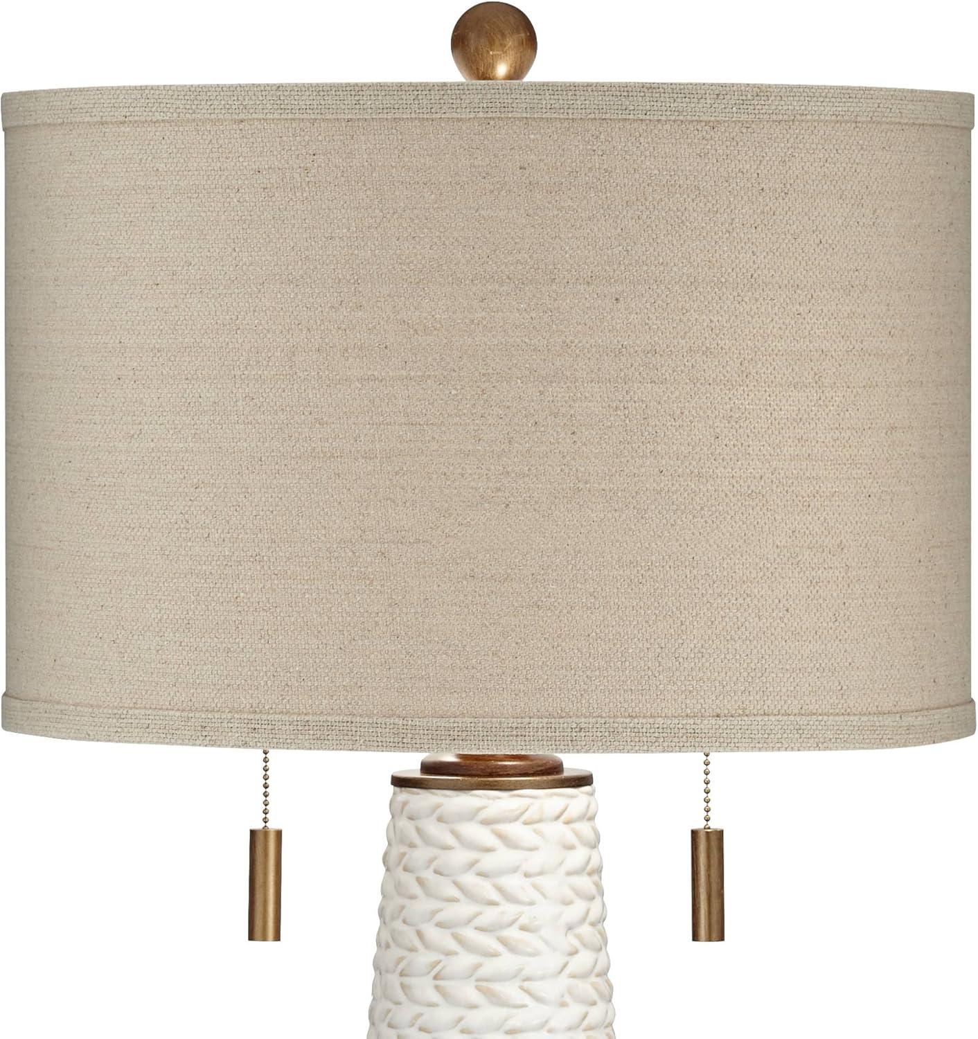 Possini Euro Design Kingston Modern Mid Century Table Lamp 32 3/4" Tall White Grooved Patterned Ceramic Taupe Drum Shade for Bedroom Living Room House