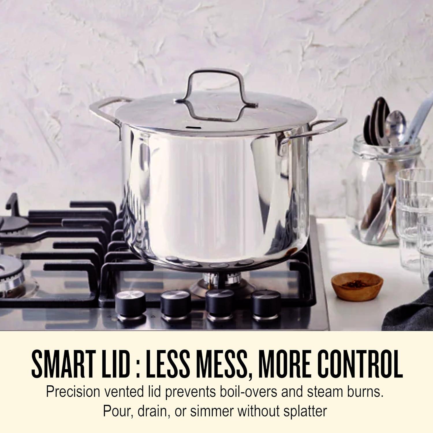 Alva Maestro 8 Qt. Stainless Steel Stock Pot with Lid Scratch Resistant Non-Toxic PFAS Free Compatible with All Stovetops Oven Safe & Induction Safe