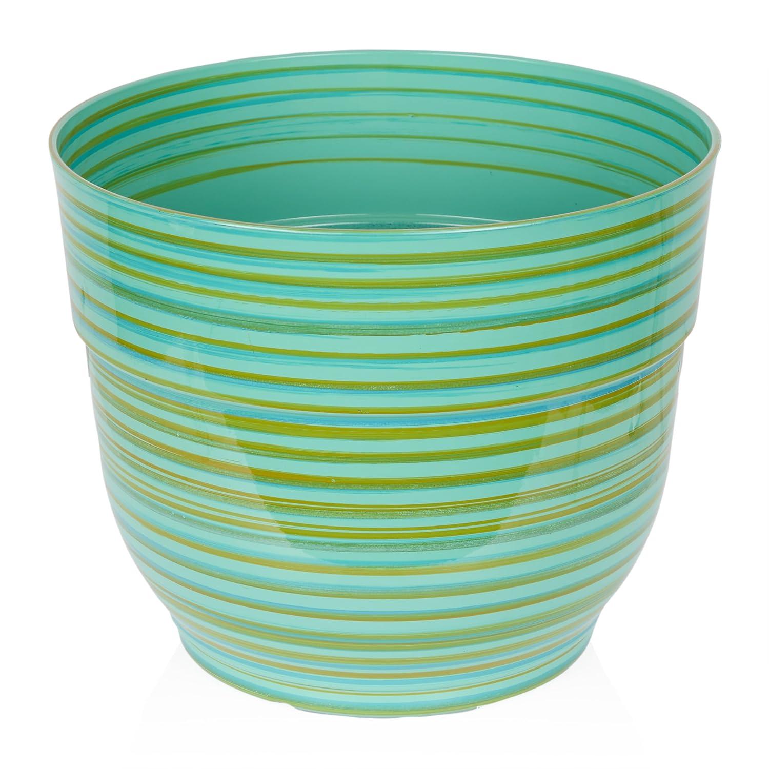 Alpine Corporation Glossy Striped Indoor Outdoor Planter with Drainage Hole Turquoise 13"x13"x11": Polypropylene, Freestanding