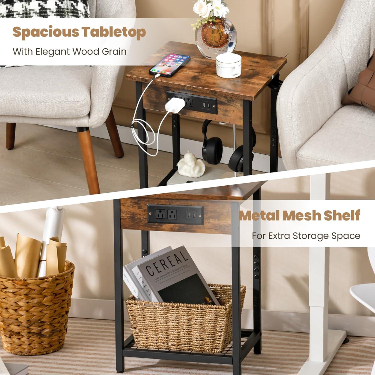 Costway Set of 2 End Tables with Charging Station Industrial Bed Side Table with AC Outlets & USB Port Rustic Brown