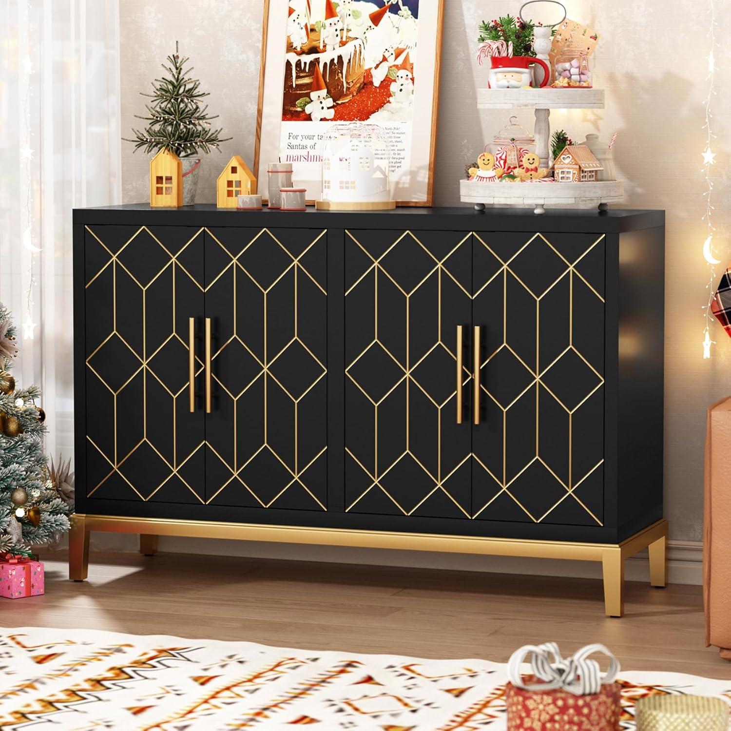 HLR Black Accent Cabinet with Gold Trim, Storage Cabinet with 4 Doors, Modern Wooden Sideboard