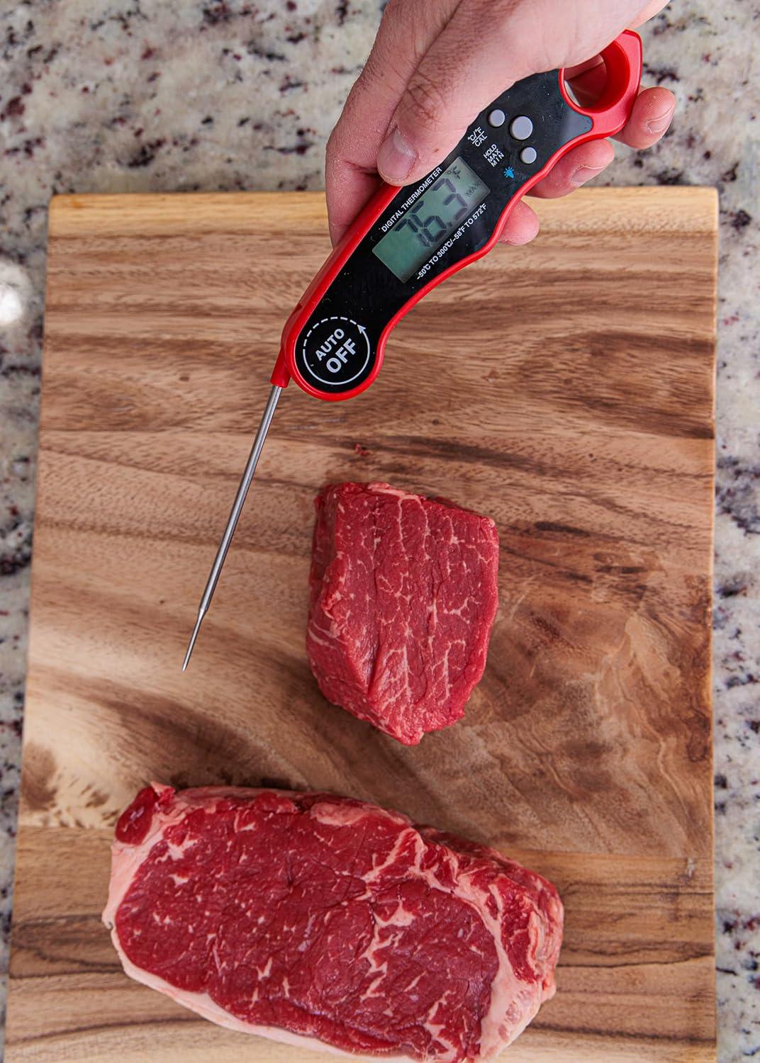 Digital Meat Thermometer for Grill/Cooking Fast Instant Read Waterproof Magnetic Probe Thermometer w/Backlight and Display for Kitchen, BBQ, Frying, etc. Chicken, Steak,or Burgers, Red