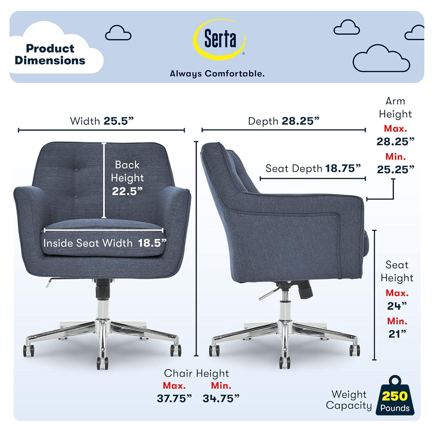 Style Ashland Home Office Chair Sanctuary Blue - Serta: Mid-Century, Adjustable, Twill Fabric