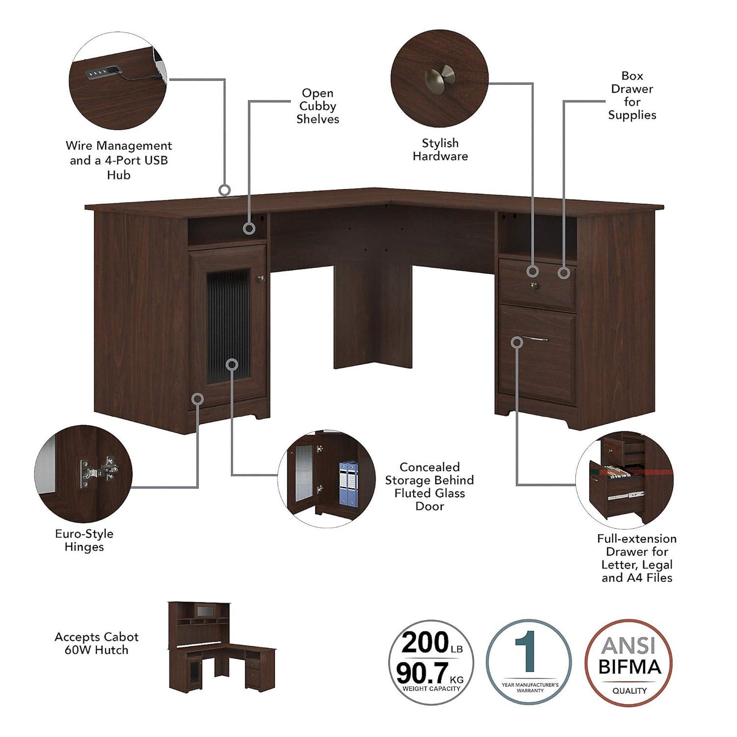 Cabot L Desk with Hutch & File Cabinet in Modern Walnut - Engineered Wood