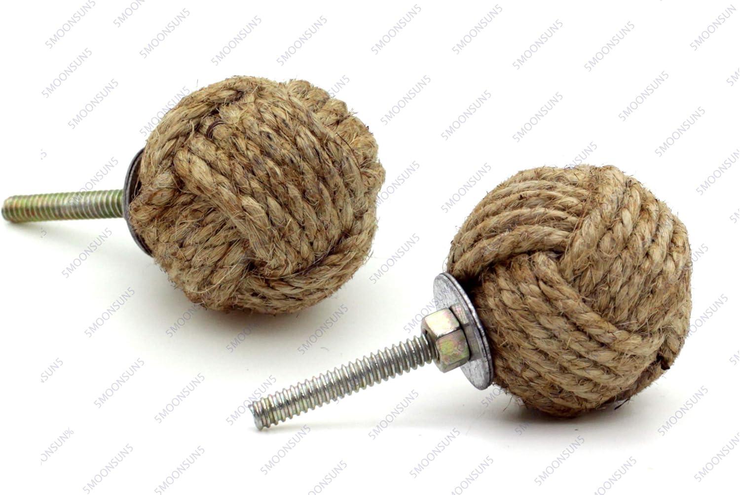 5MoonSun5's Jute Knobs Rope Knot Drawer Pulls and Knobs Pull and Push Handle Knobs for Cabinets, Wardrobes & Kitchen Cupboards Nautical knob Hardware Vintage Decor, 35 mm (Pack of 4)