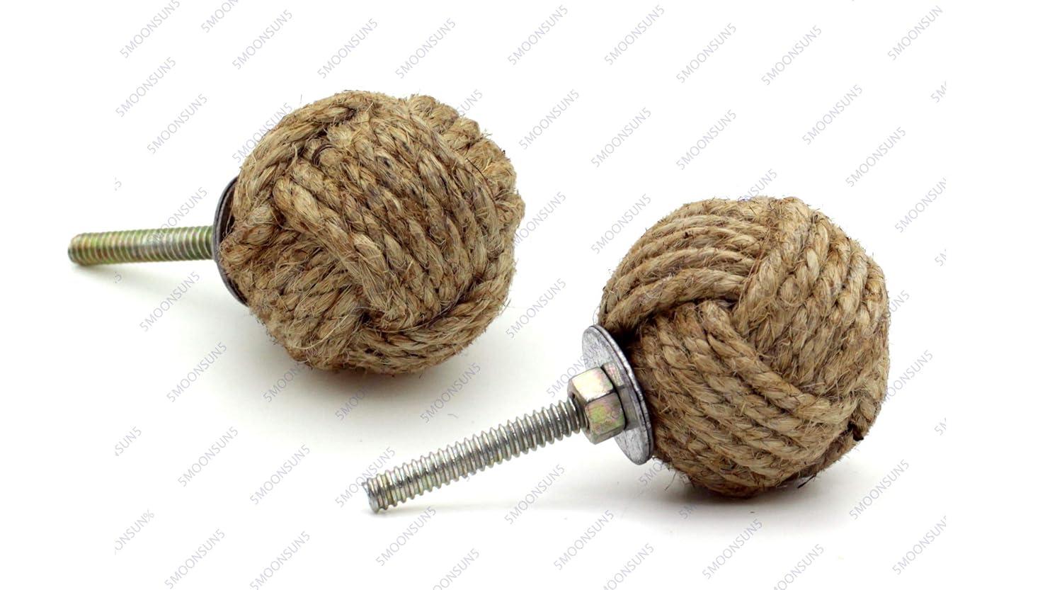 5MoonSun5's Jute Knobs Rope Knot Drawer Pulls and Knobs Pull and Push Handle Knobs for Cabinets, Wardrobes & Kitchen Cupboards Nautical knob Hardware Vintage Decor, 35 mm (Pack of 4)