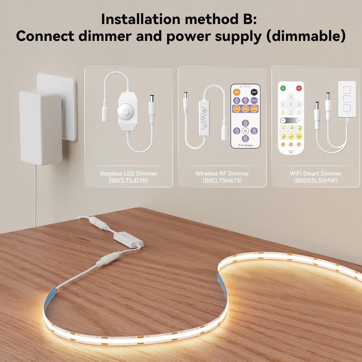 MIWISE COB LED Strip 20ft/6.1m,CRI 90+ Warm White 3000K High Lumen Super Bright Flexible DC24V LED Tape Light,for Cabinet Home Office DIY Lighting Projects(Adapter & Controller NOT Included)