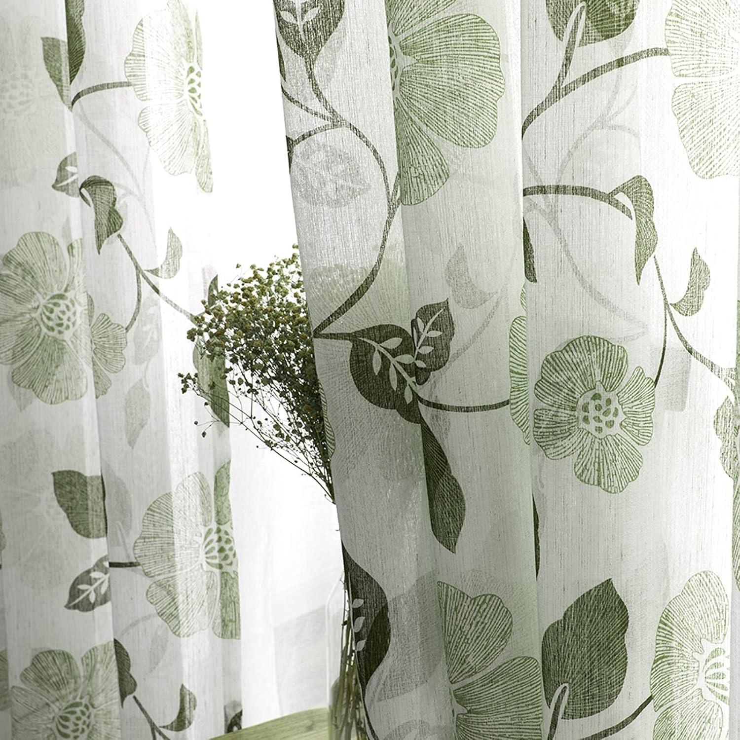 Olive Floral Sheer Polyester Linen Rod Pocket Curtains