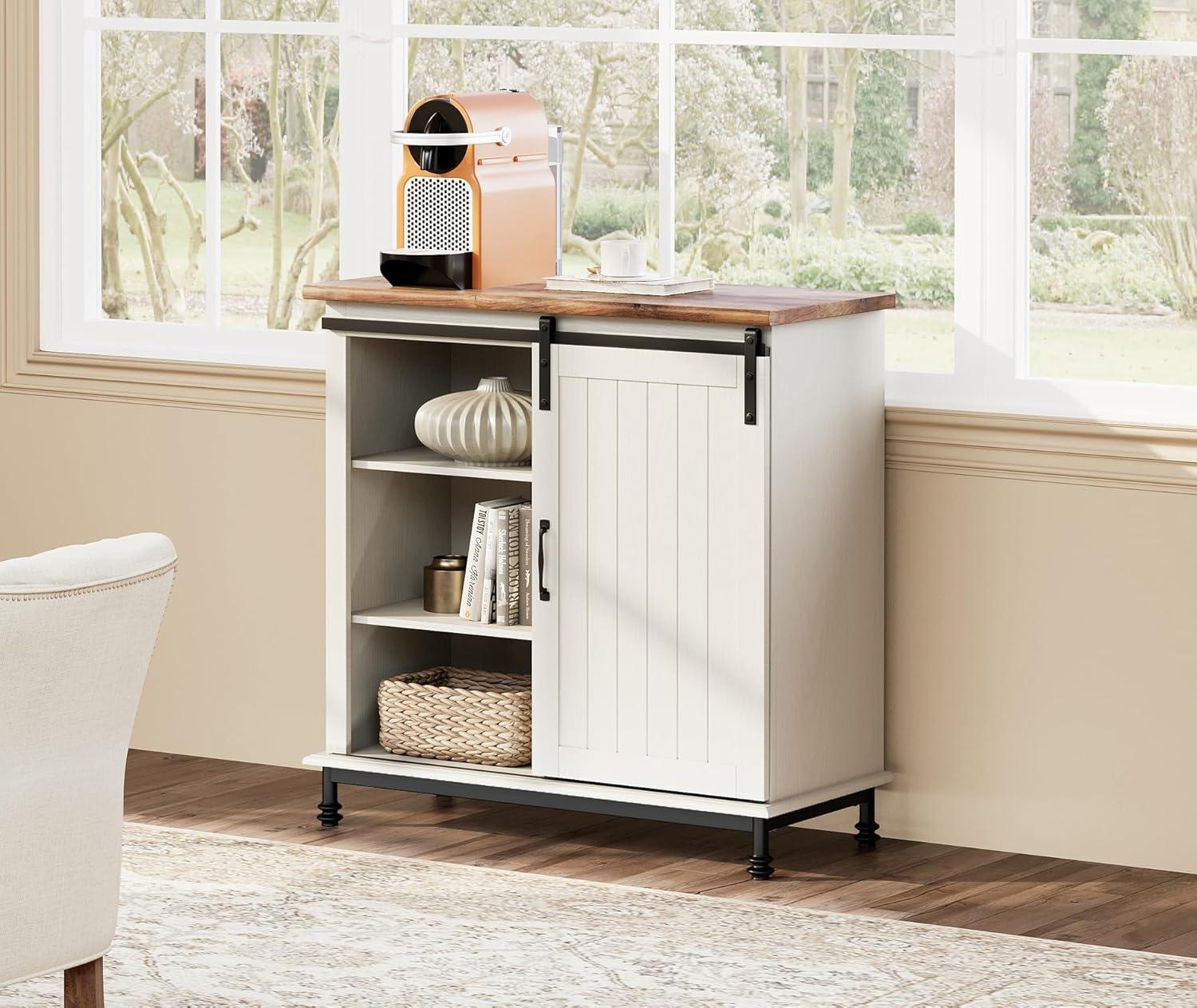 WAMPAT Farmhouse Coffee Bar Cabinet with Sliding Barn Door, Wood Sideboard Buffet Cabinet with Adjustable Shelf & Metal Leg, Kitchen Cabinet for Dining Room, Living Room, White, 35 Inch