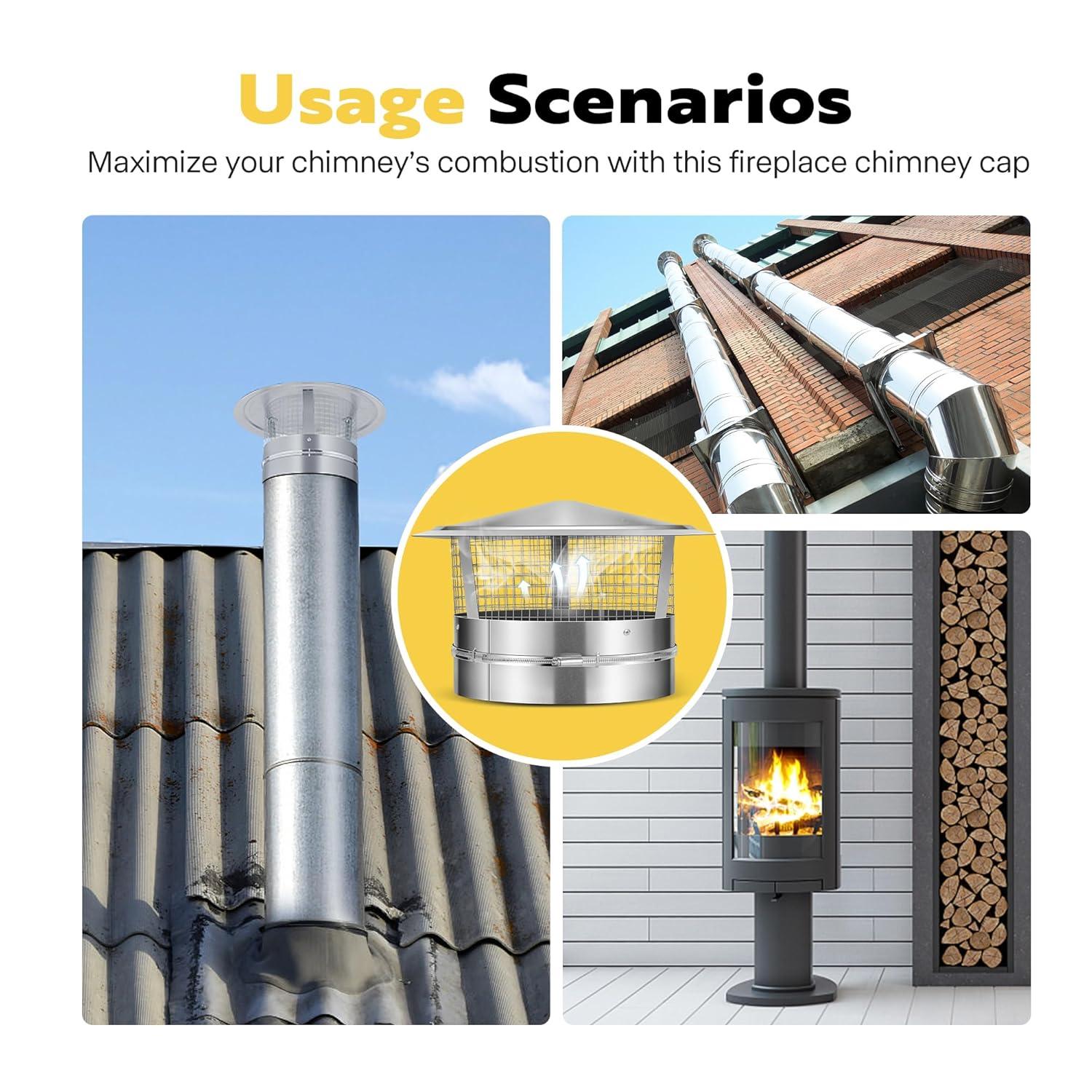 SPECSTAR 12" Cone Top Chimney Cap with Screen, Round Roof Rain Chimney Cover, Galvanized Steel Fireplace Exhaust Cap, Adjustable Roof Cap for Vent