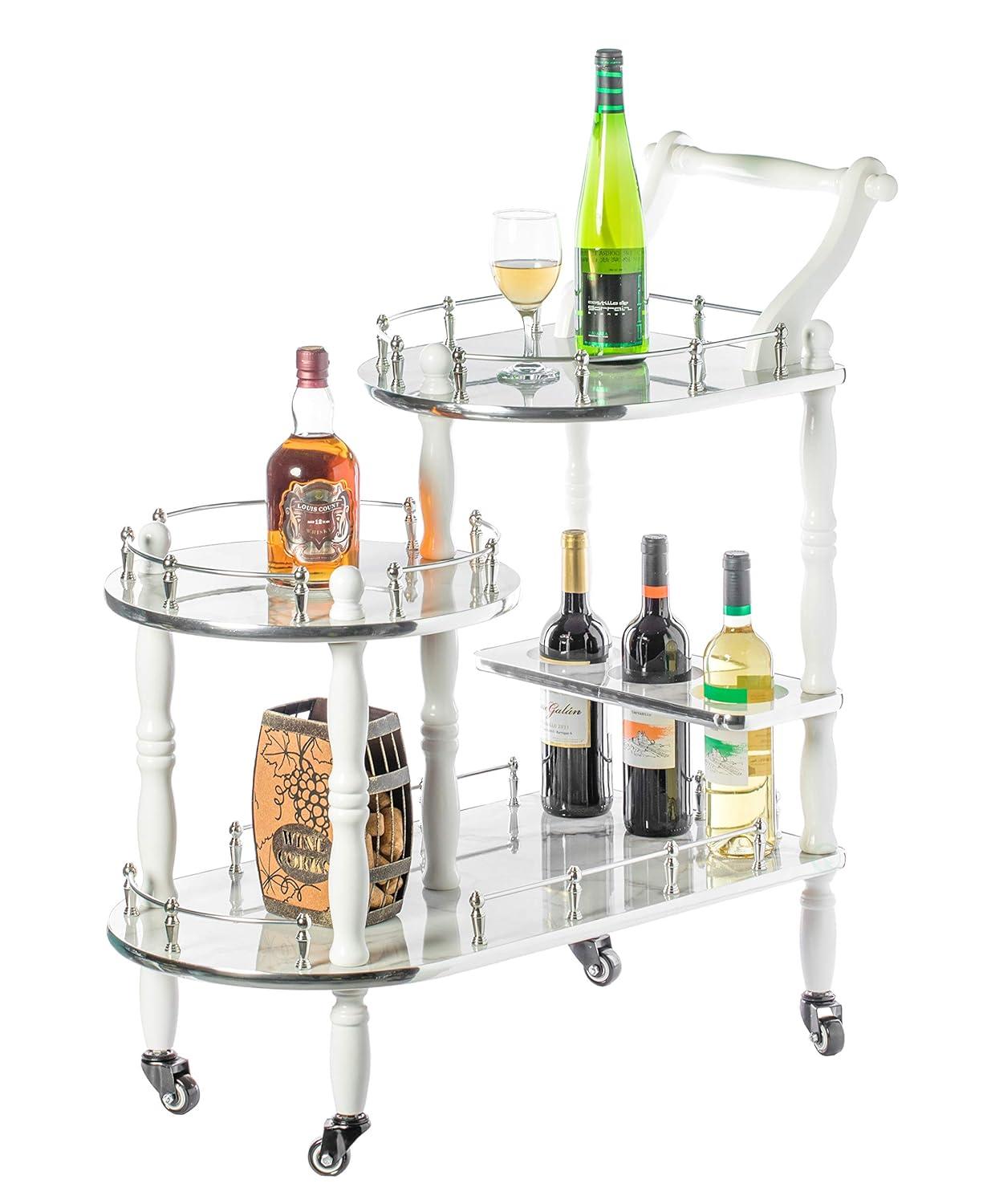 Fabulaxe Wood Serving Bar Cart Tea Trolley with 3 Tier Shelves and Rolling Wheels, Silver, White and Gray