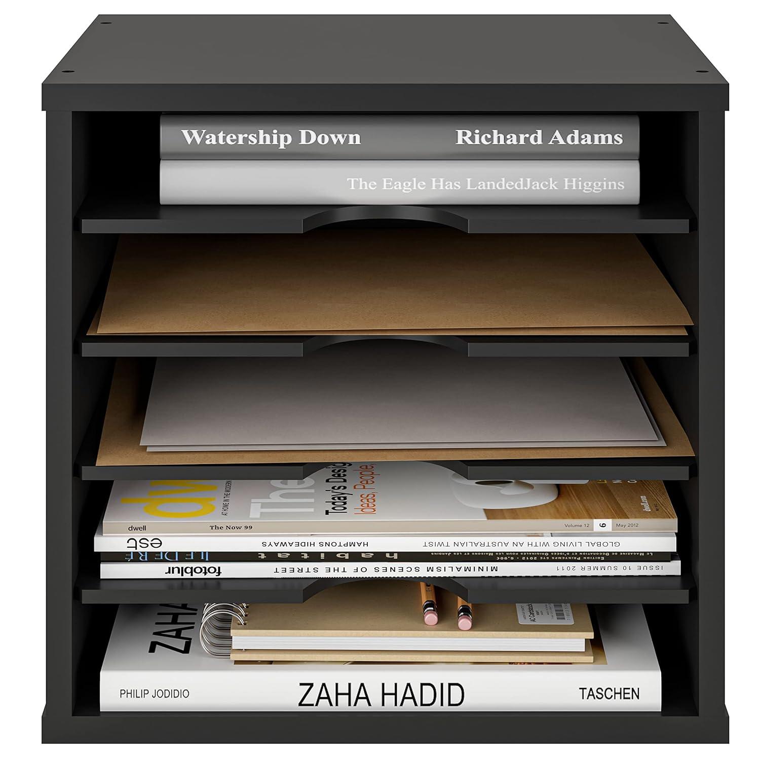 Ballucci 5-Tier Paper Organizer, File Holder, Mail Sorter, Wood Stackable Letter Tray, Gray