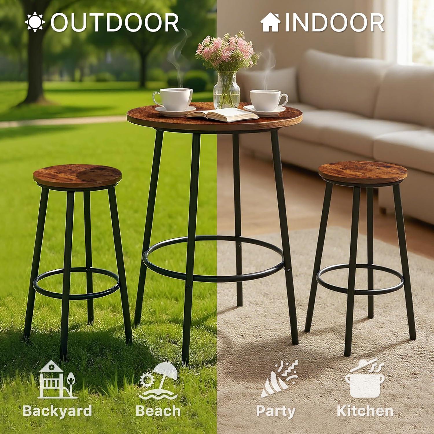 ZENSTYLE 3 Piece Pub Dining Table Set Wooden Round Breakfast Tables w/2 Bar Chairs Stools Brown