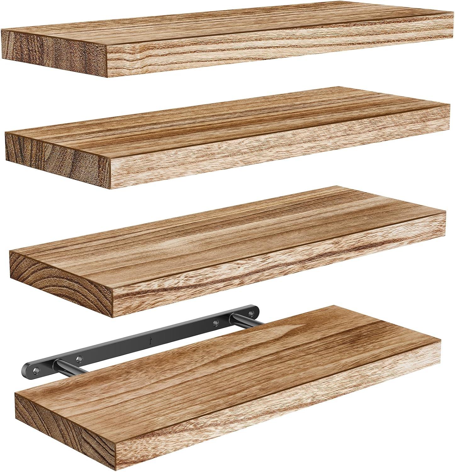 Floating Shelves, Paulownia Wood Wall Shelves for Bathroom/Living Room/Bedroom/Kitchen/Home Office, Natural Wood Floating Shelf for Home Storage & Organization, Set of 4, AMFS40W