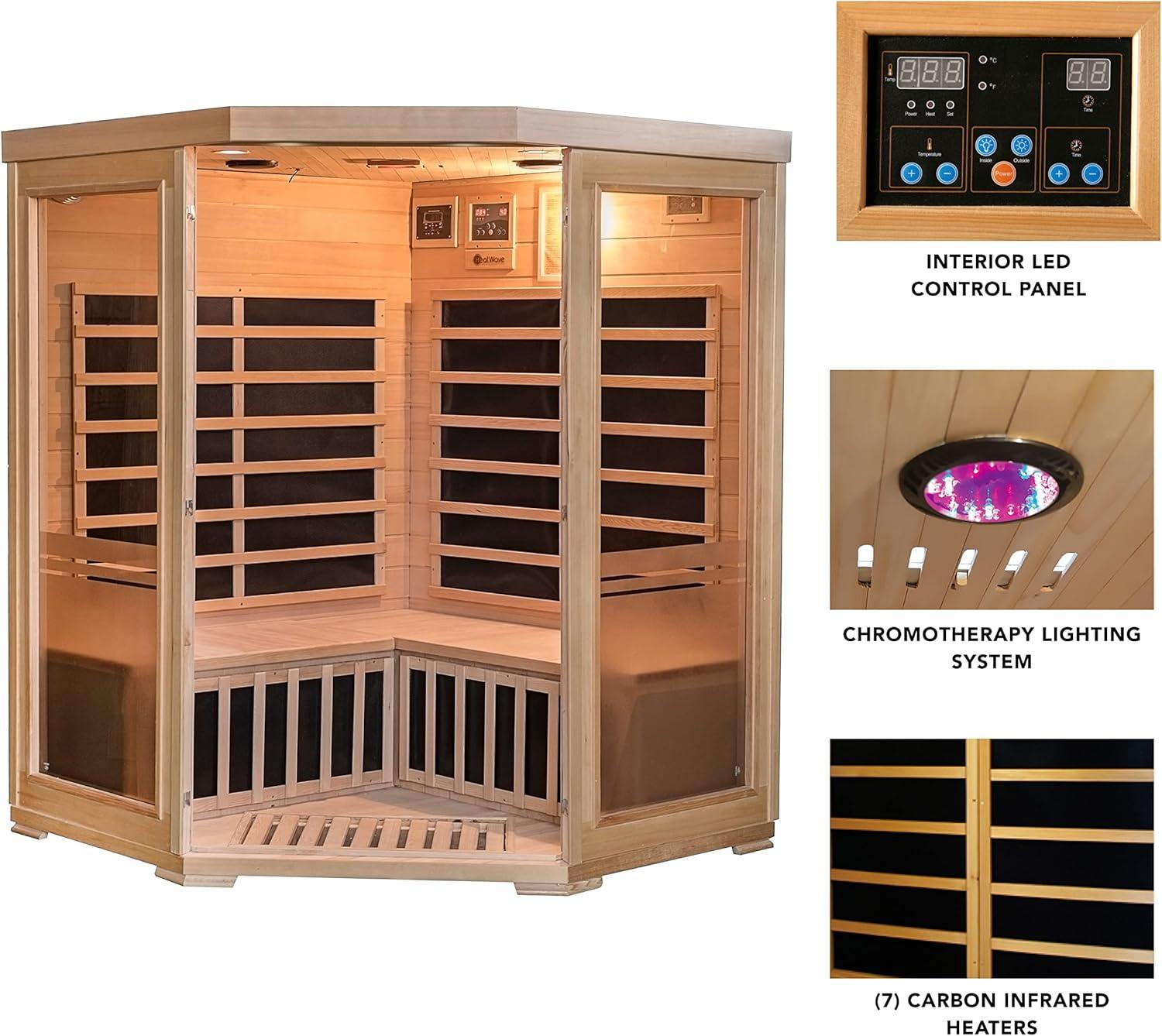 Bluewave Sonoma 3-Person Hemlock Infrared Corner Sauna with 7 Carbon Heaters