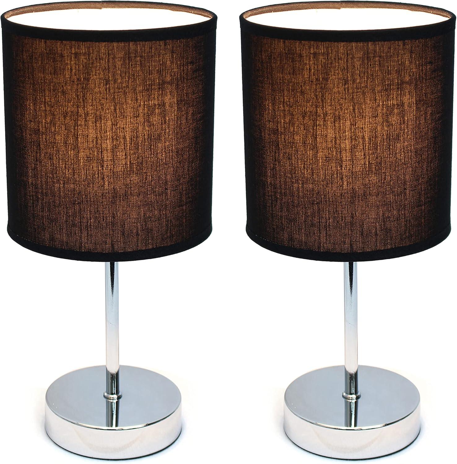 Simple Designs 11.81" 2-Pack Basic Chrome Mini Table Lamp Set with Fabric Shades, Black