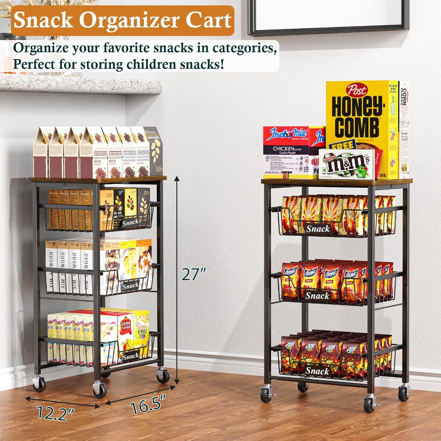 Small Kitchen Storage Cart On Wheels, Metal Fruit Basket Stand With Pull-Out Baskets & Wood Top For Potato Onion Produce Snack Veggies,(4-Tier /Black+ Rustic Board)