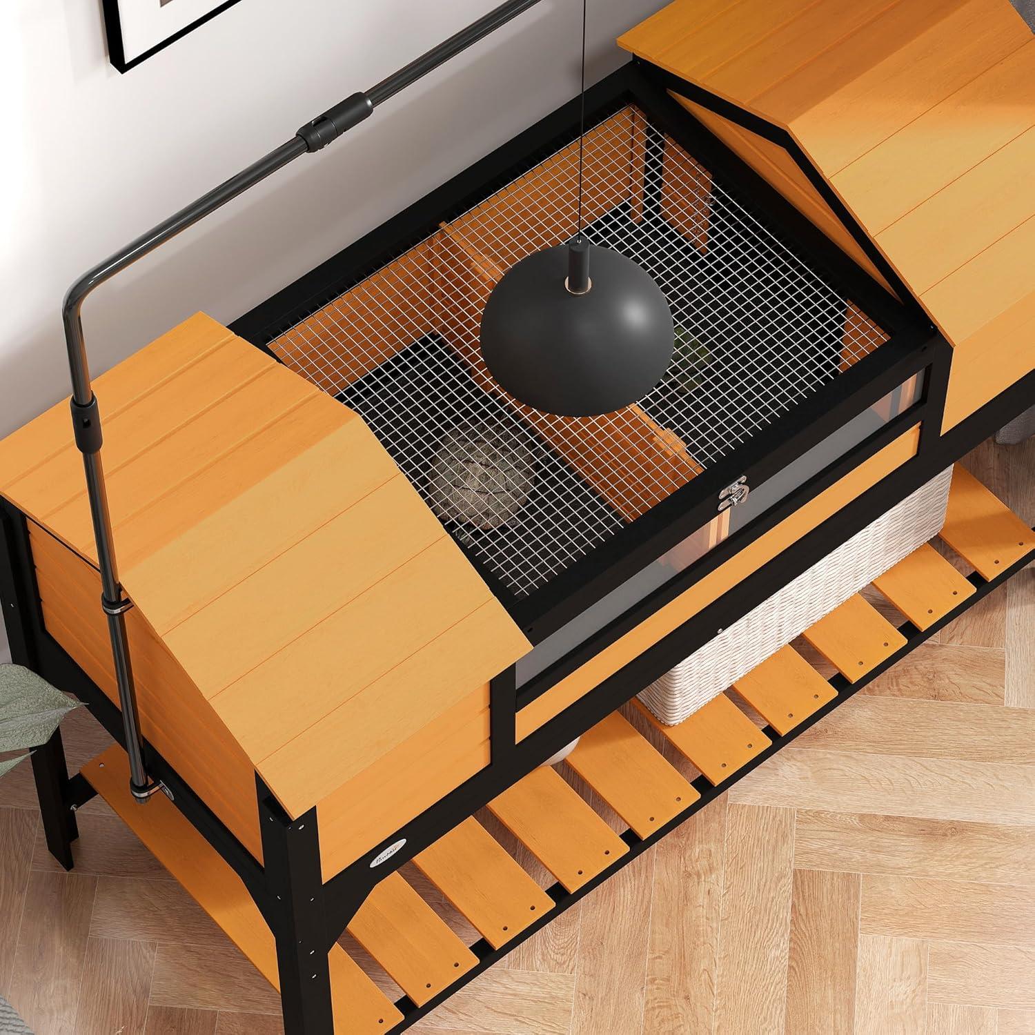 PawHut Tortoise Habitat with Adjustable Lamp Holder, Wooden Tortoise Enclosure with Storage Shelf, Dual Main Houses, Fixed Tray, Openable Lid, Yellow