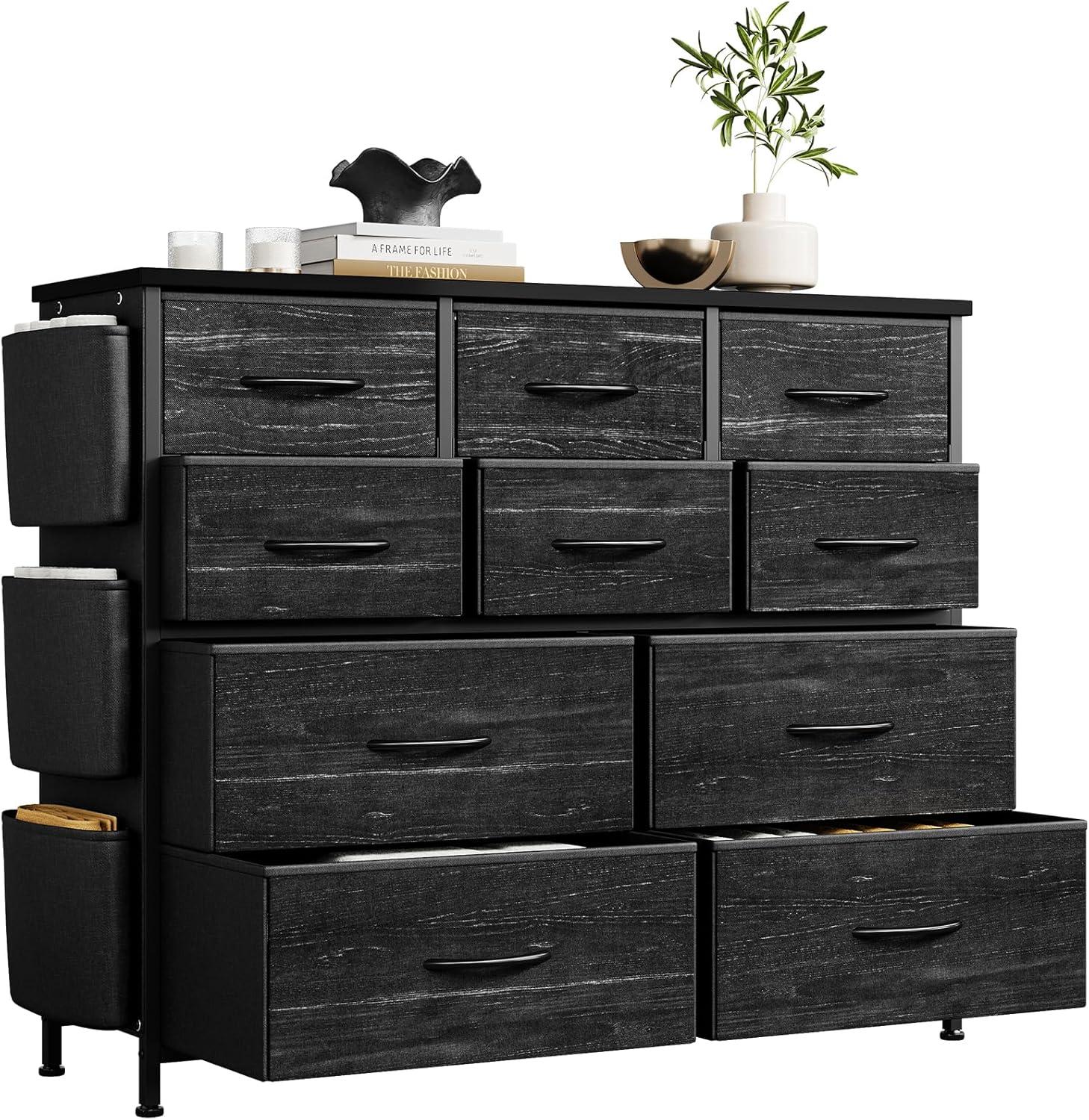 Dresser for Bedroom with 10 Drawers, Dressers & Chest of Drawers, Long Fabric Storage Drawer with Wood Tabletop for Kids Room, Closet, Hallway, Entryway (Graphite Gray)