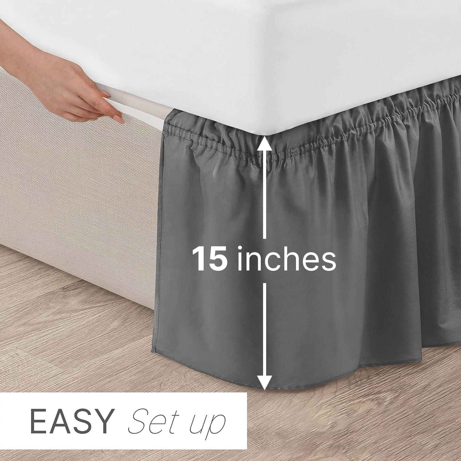 CGK Linens Elastic Wrap-Around Dust Ruffled Bed Skirt - Easy Fit with Pleated 15" Drop in Dark Grey, Size Twin