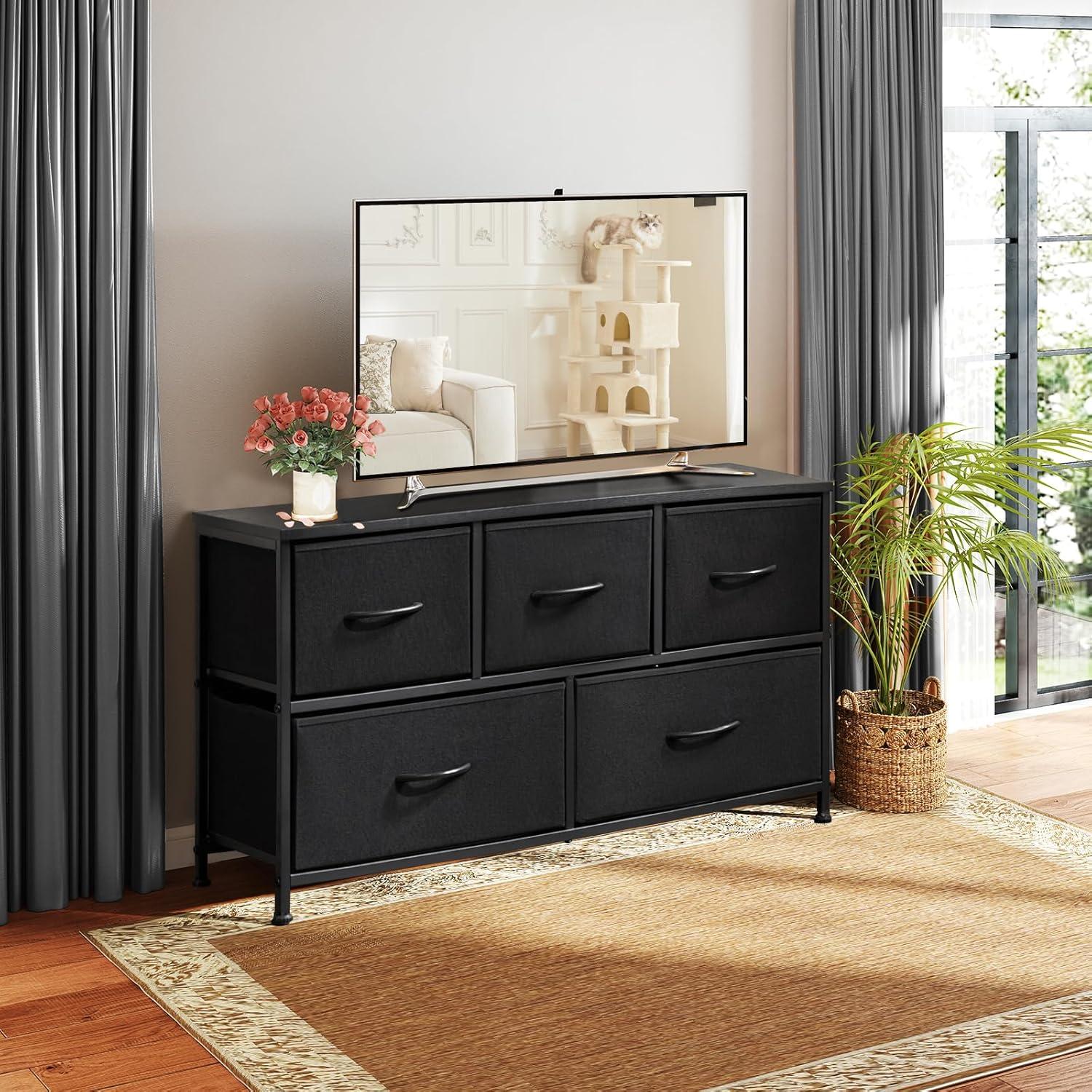 Sweetcrispy Dresser for Bedroom, Wide Chest of Drawers, Fabric Dresser Organizer with 5 Drawers, TV Stand, Storage Organizer Unit with Fabric Bins for Closet, Living Room, Hallway